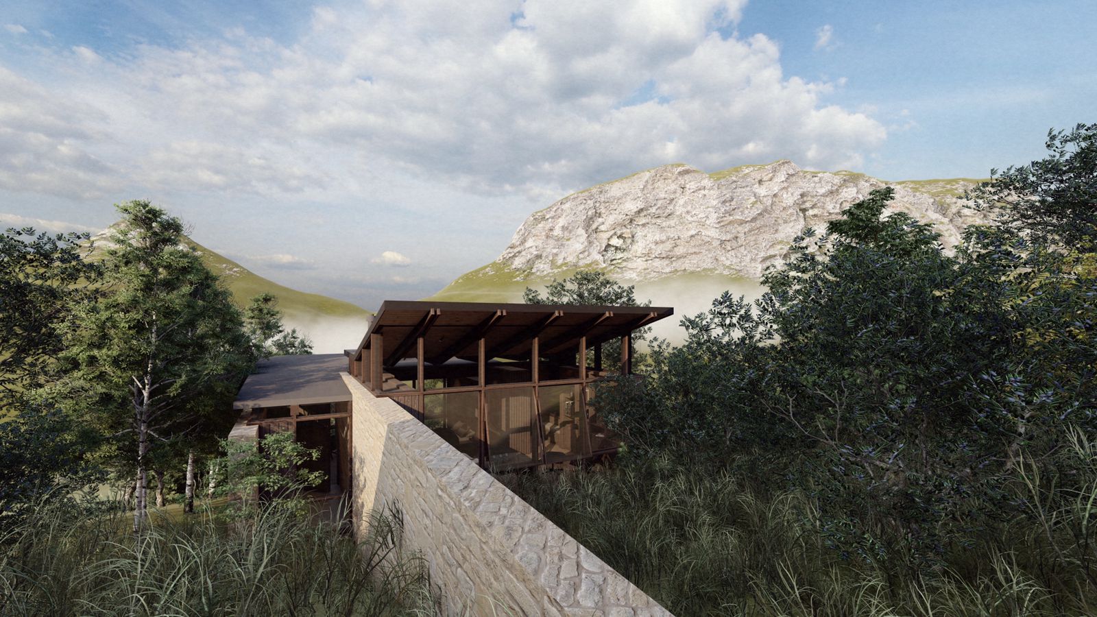View from up the slope: stone retaining wall, cantilevered timber roof on posts, dramatic peak in the misty distance