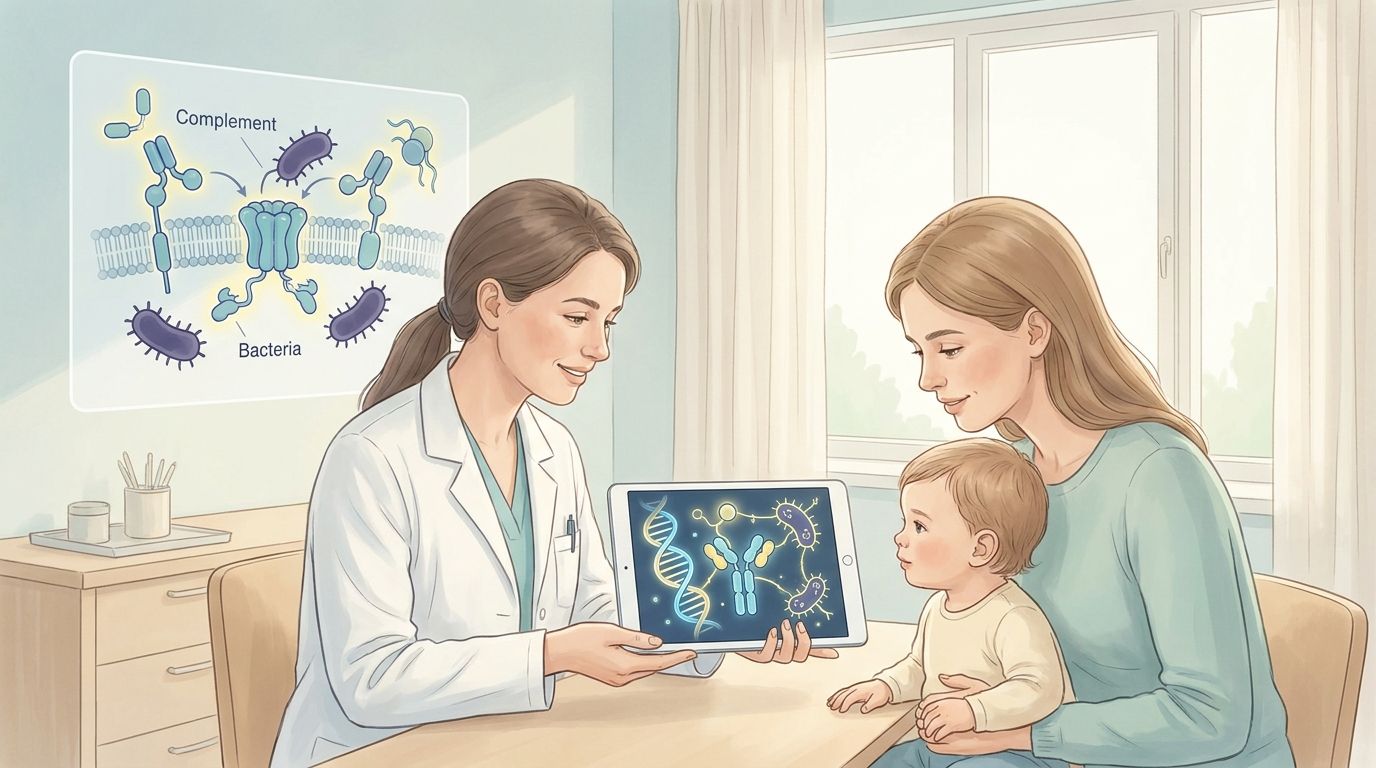 Врач-педиатр обсуждает с родителем и ребёнком результаты генетического теста на дефицит компонента комплемента C8B на фоне мягкой медицинской иллюстрации ДНК, иммунной системы и менингококковых бактерий.