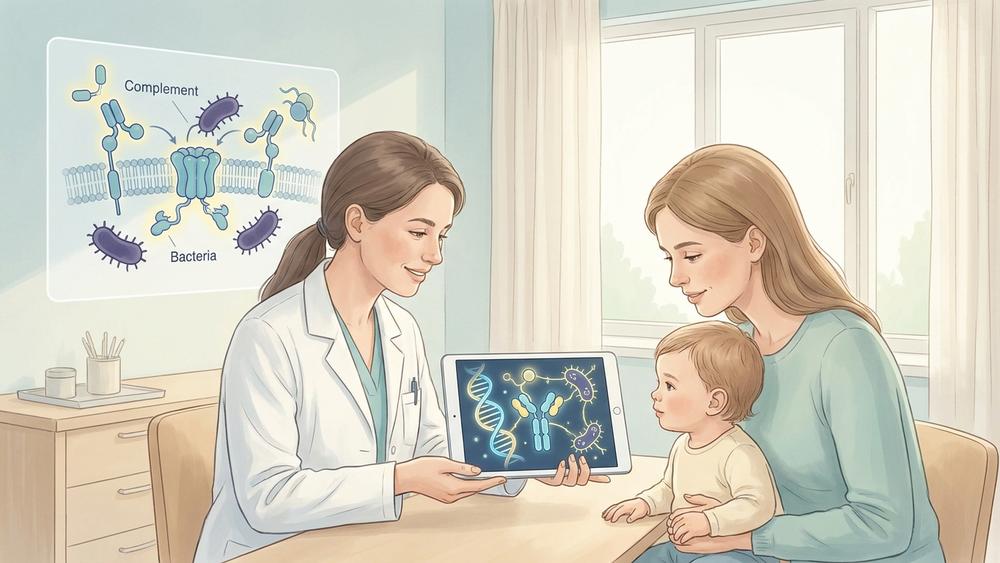 Врач-педиатр обсуждает с родителем и ребёнком результаты генетического теста на дефицит компонента комплемента C8B на фоне мягкой медицинской иллюстрации ДНК, иммунной системы и менингококковых бактерий.