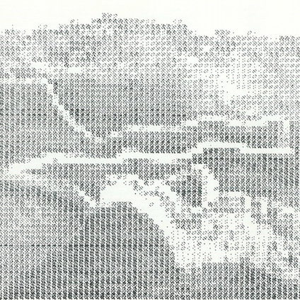 Two pages from a book, featuring a greyscale image of the Great Wall of China, and the other a recreation of an image of the Great Wall of China constructed with fragments of etched shapes.