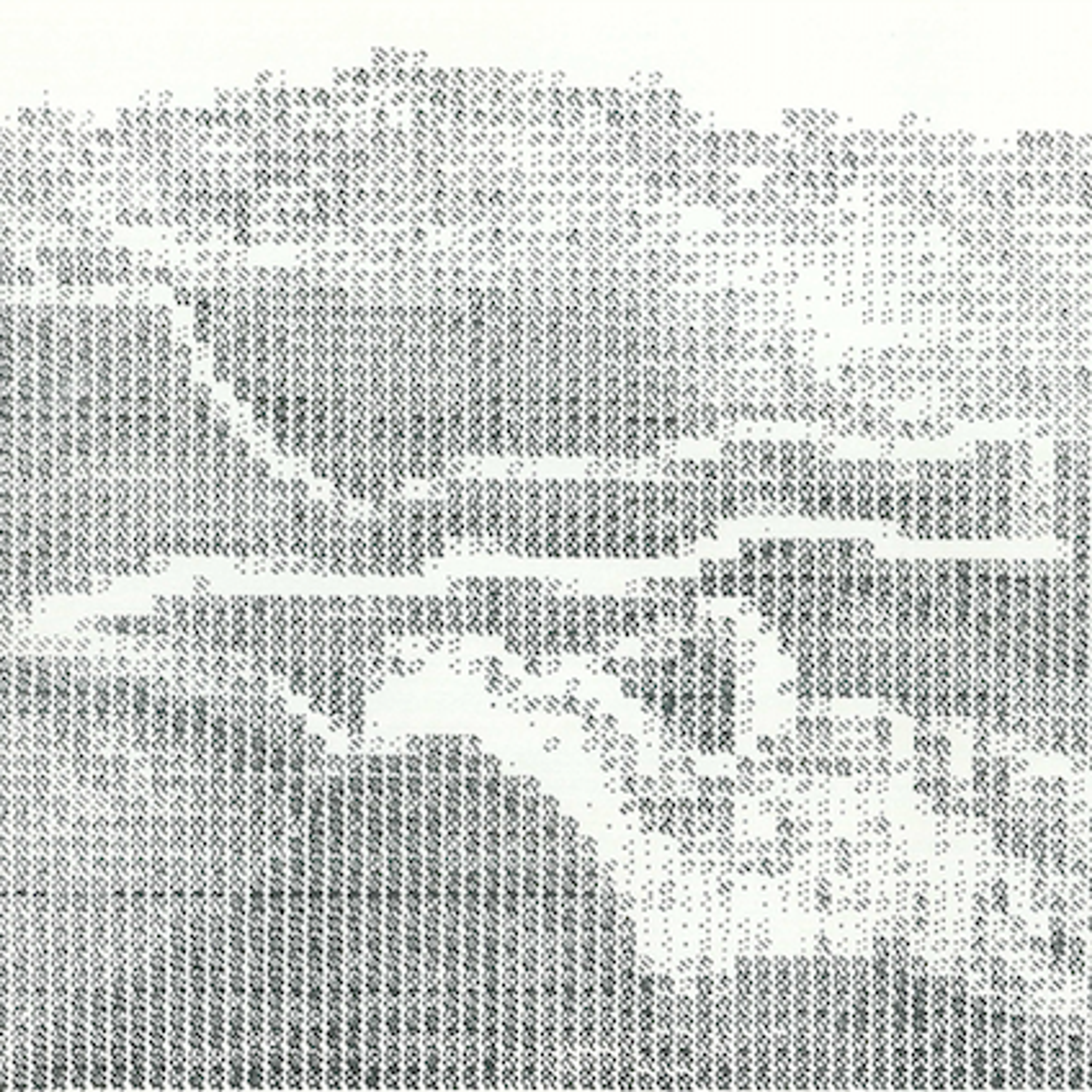 Two pages from a book, featuring a greyscale image of the Great Wall of China, and the other a recreation of an image of the Great Wall of China constructed with fragments of etched shapes.