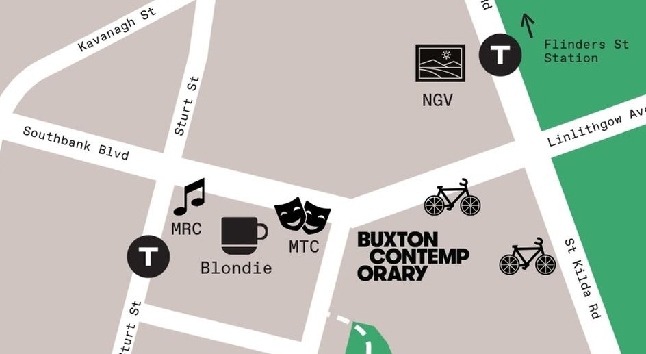 A simple illustrated map showing Buxton Contemporary on Southbank Blvd, nearby bike parking, NGV, Flinders St Station, and icons for MRC, MTC, and Blondie café, with labeled streets including Sturt St and St Kilda Rd.