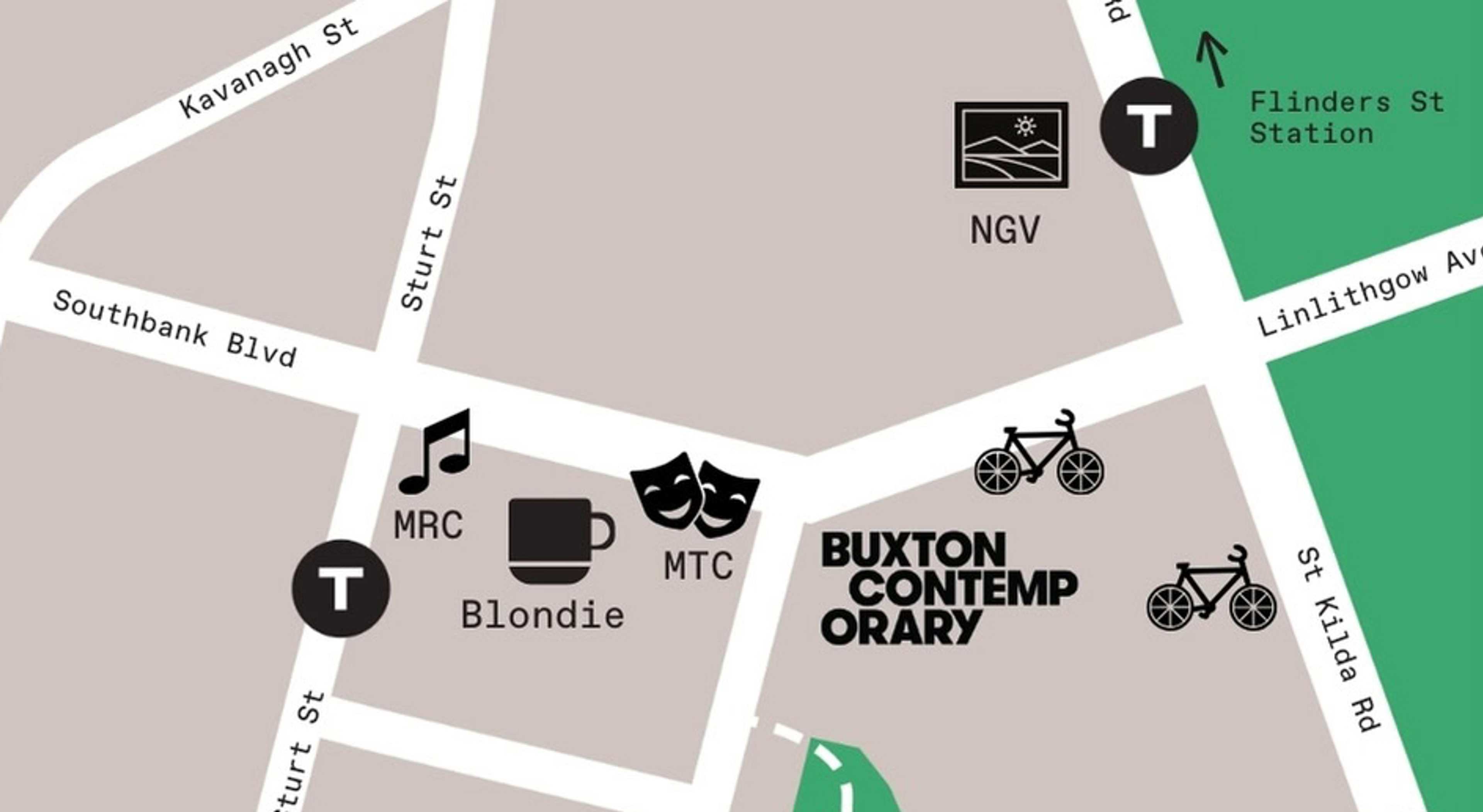 A simple illustrated map showing Buxton Contemporary on Southbank Blvd, nearby bike parking, NGV, Flinders St Station, and icons for MRC, MTC, and Blondie café, with labeled streets including Sturt St and St Kilda Rd.