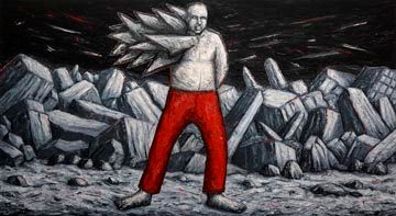 Painting of a man with red pants with sharp rocks protruding from his side, in front of a grey rocky landscape.