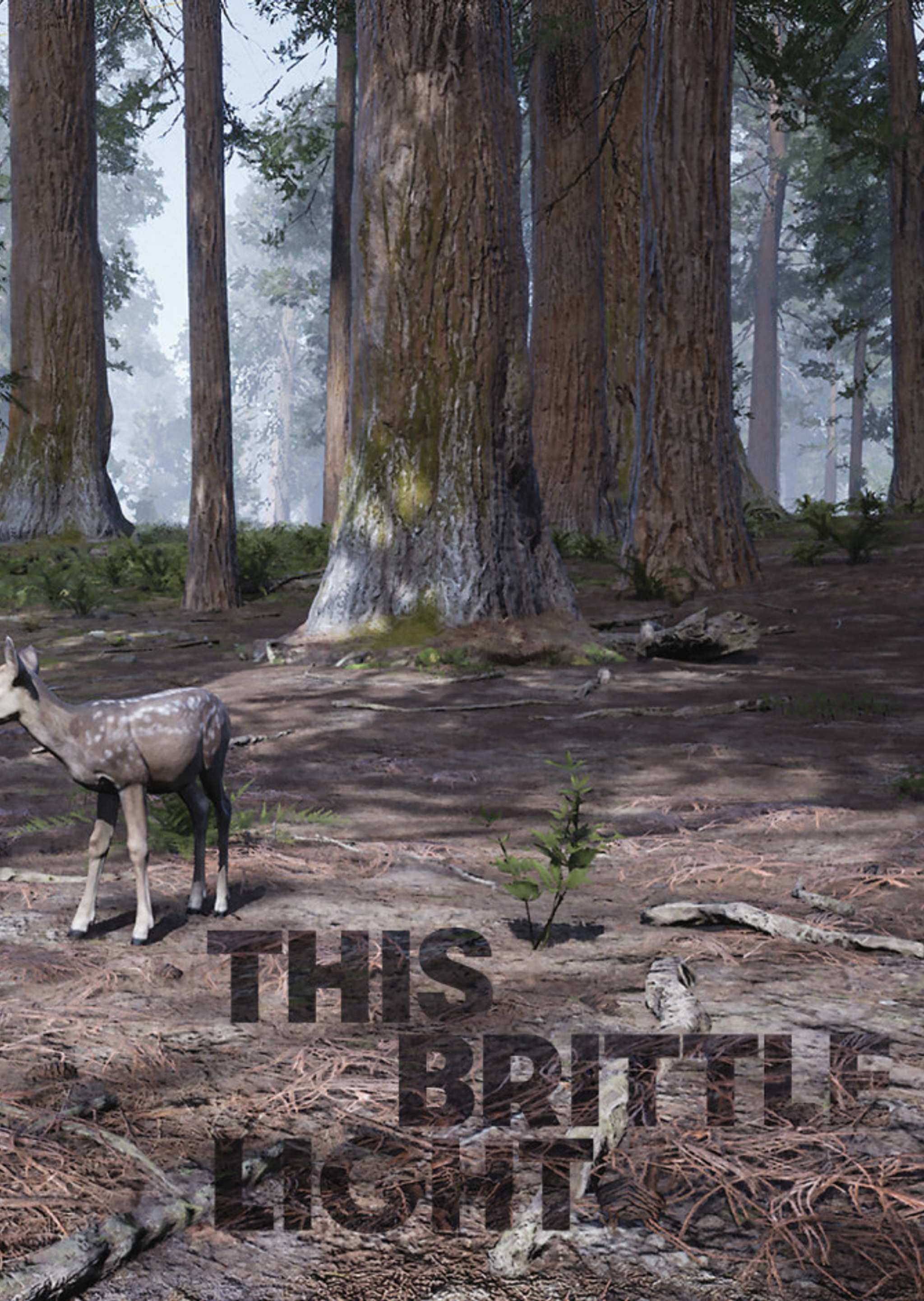 A young deer stands on a forest floor surrounded by tall trees. Light filters through the branches. The words THIS BRITTLE LIGHT cast a shadow across the ground in bold, dark letters.