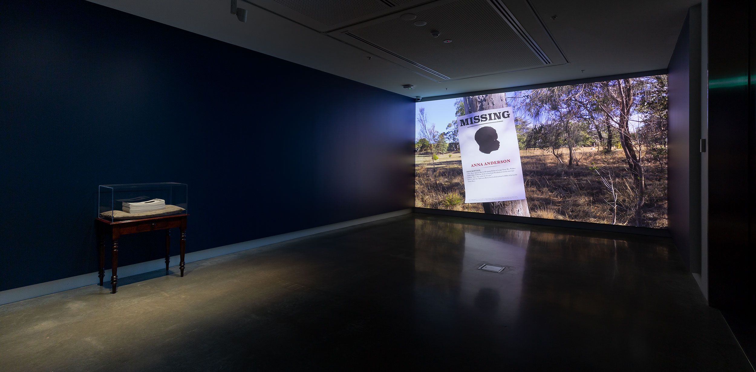 A dimly lit gallery with a glass case on a small table holding folded fabric, and a wall-sized projection of a “Missing” poster on a tree in a wooded area. The poster features a silhouette and text.
