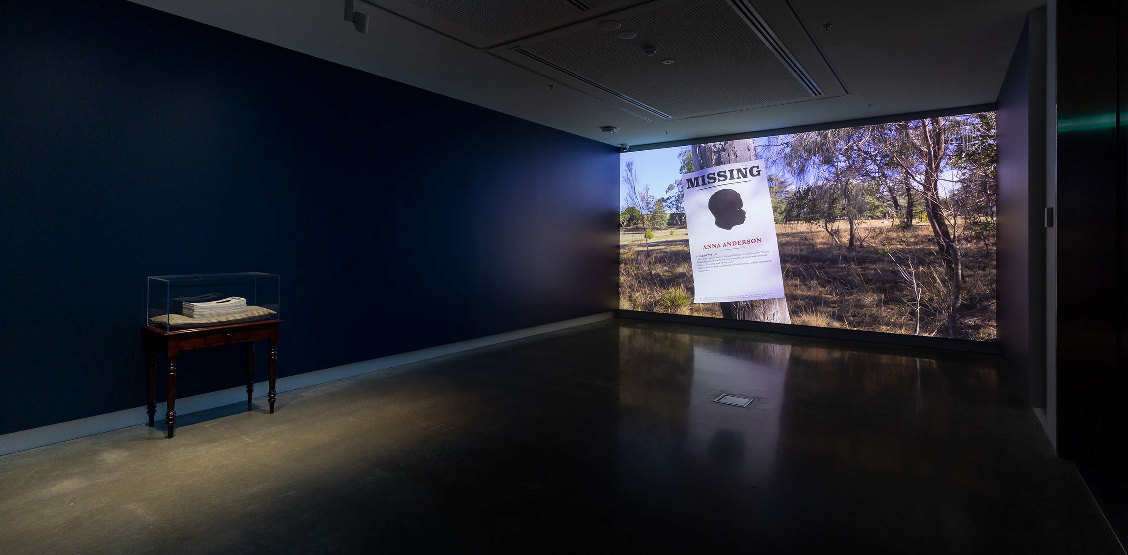 A dimly lit gallery with a glass case on a small table holding folded fabric, and a wall-sized projection of a “Missing” poster on a tree in a wooded area. The poster features a silhouette and text.