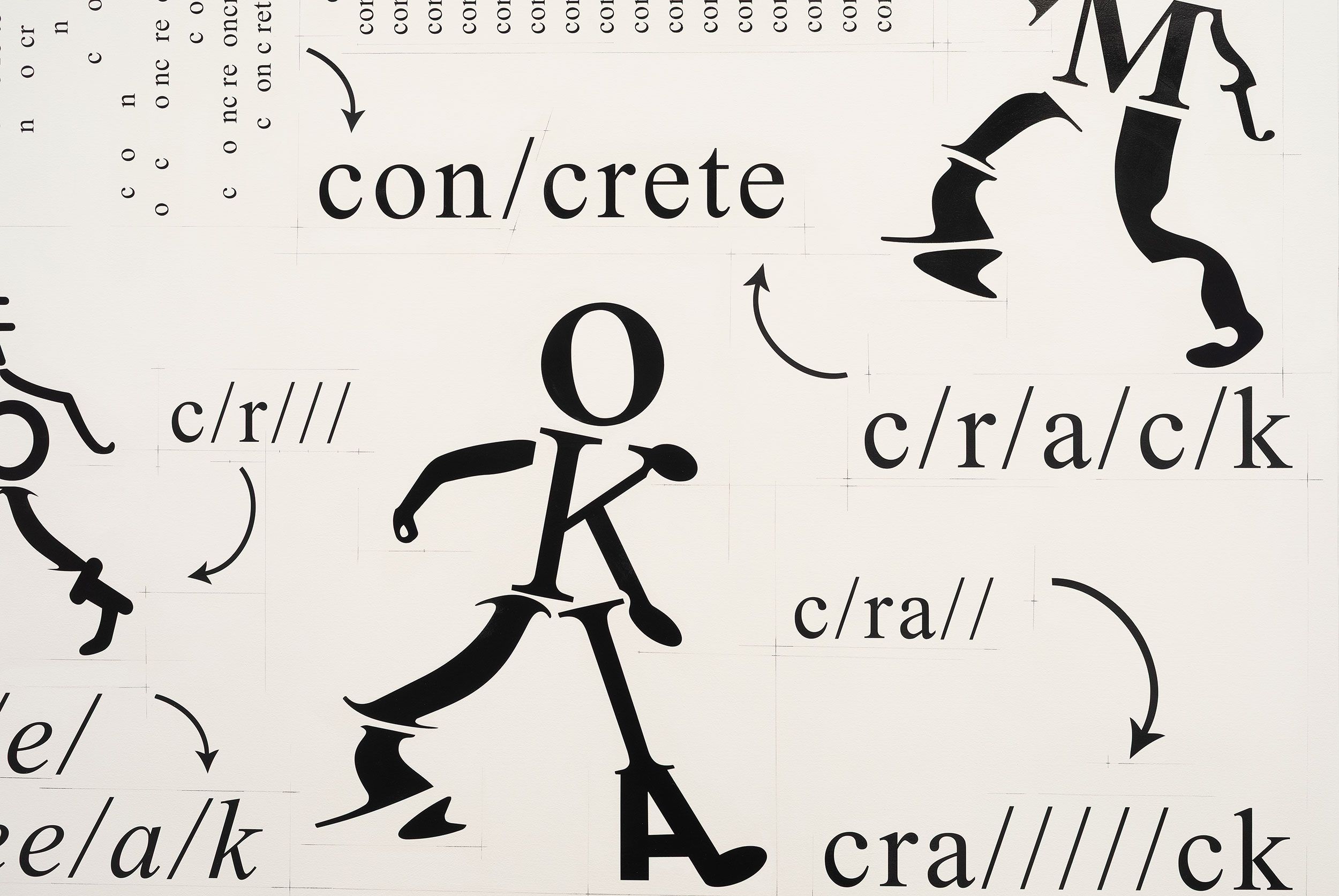 A graphic illustration shows stylized human figures made from bold black letters and punctuation marks, with words like con/crete, c/r///, and c/r/a/c/k arranged on a white background with arrows connecting them.