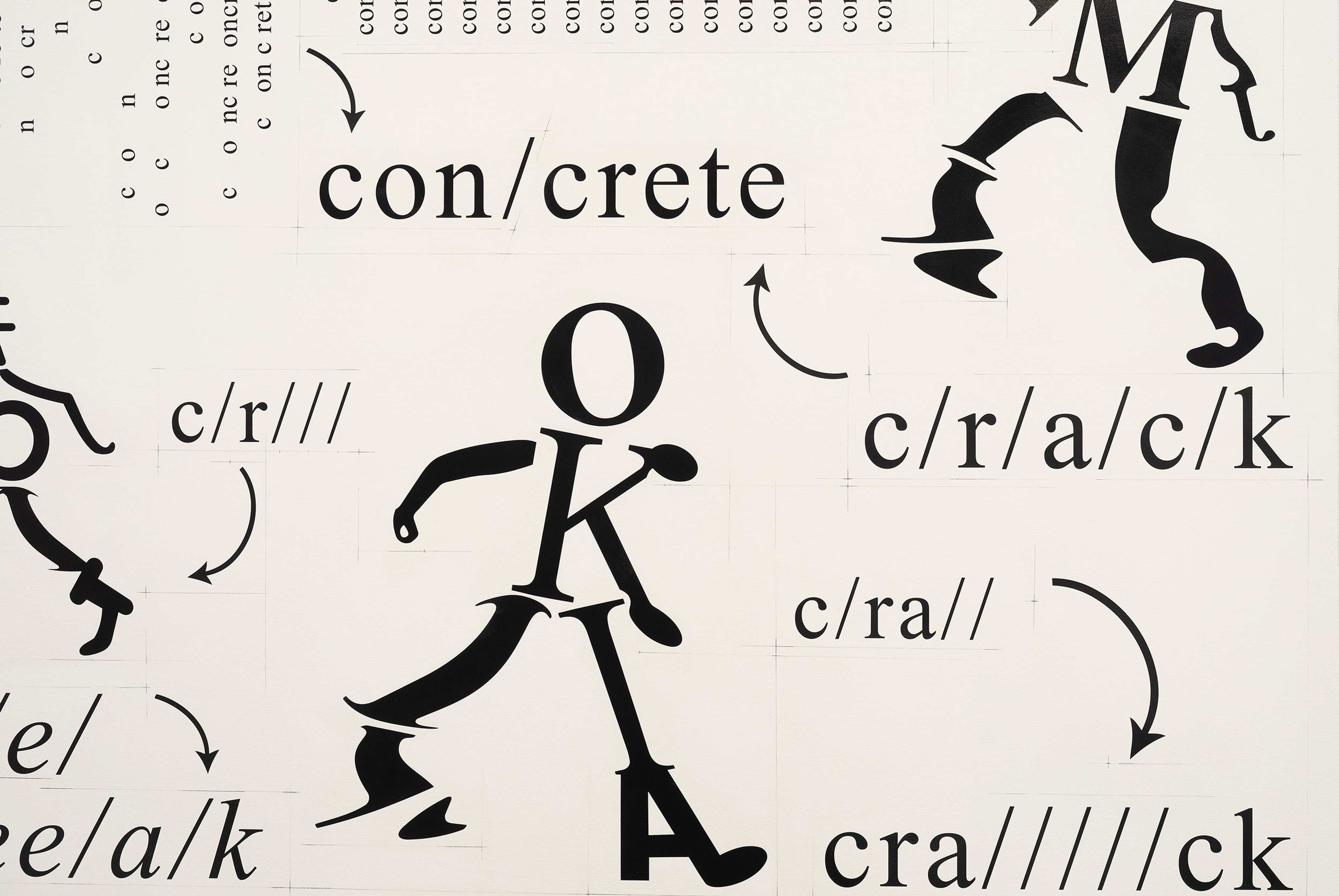 A graphic illustration shows stylized human figures made from bold black letters and punctuation marks, with words like con/crete, c/r///, and c/r/a/c/k arranged on a white background with arrows connecting them.