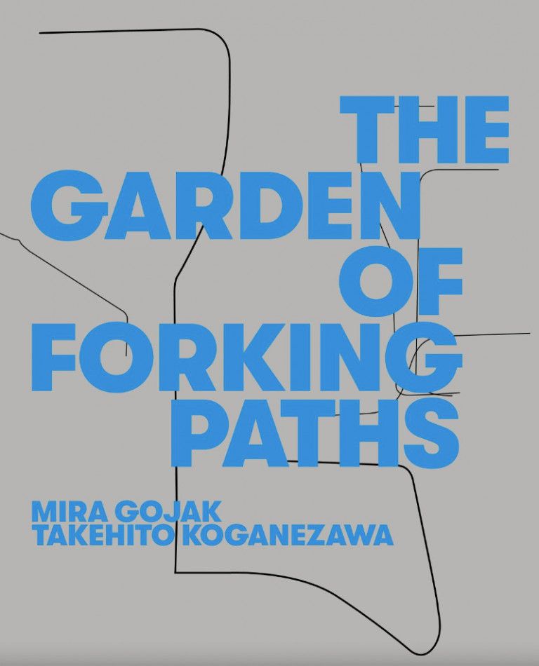A grey book with The Garden of Forking Paths in blue bold text