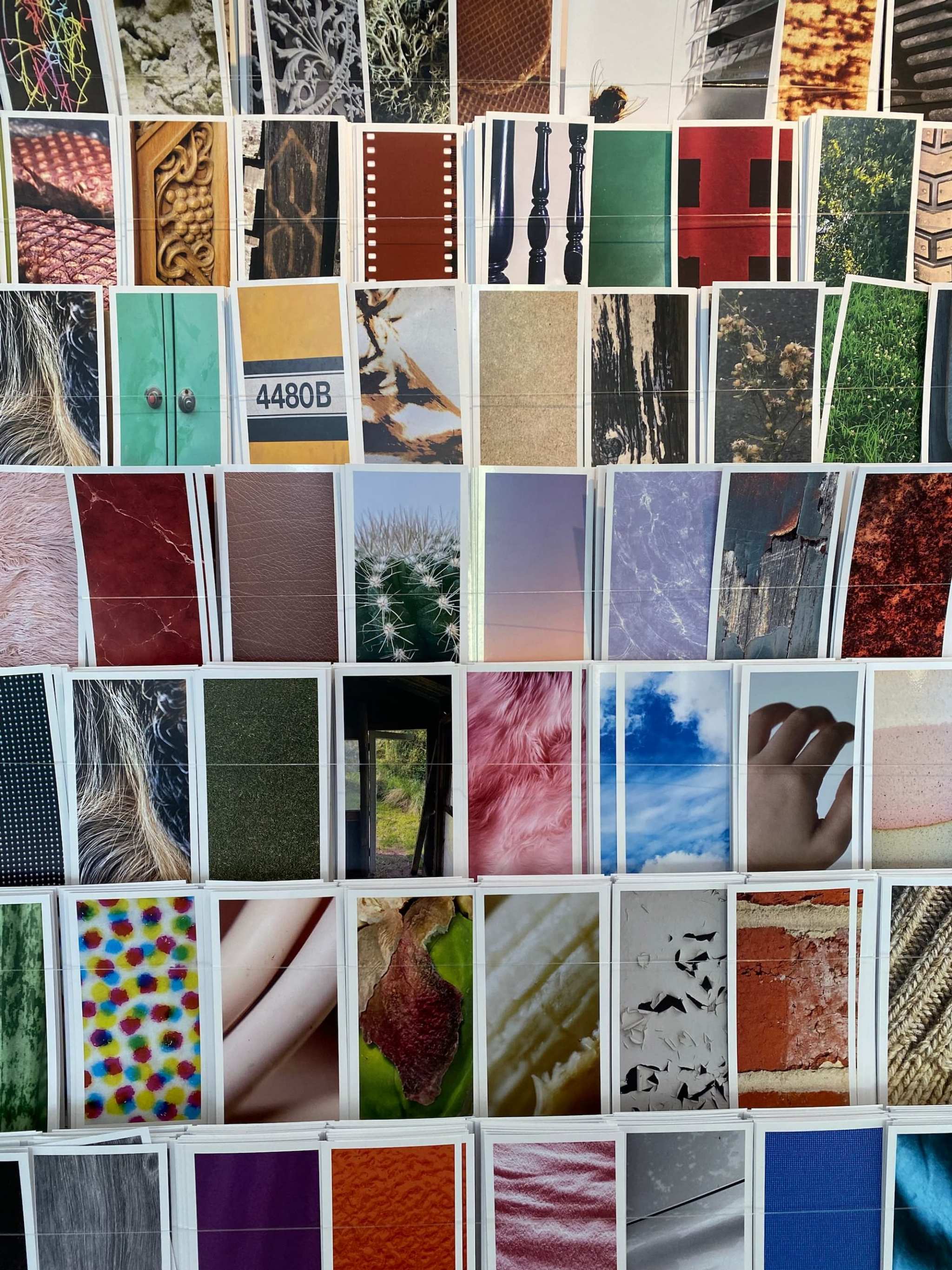 A wall covered with neatly arranged photographs, each capturing a different texture or pattern, including animal fur, leather, wood, fabric, natural surfaces, and vivid colors, organized in a grid-like fashion.