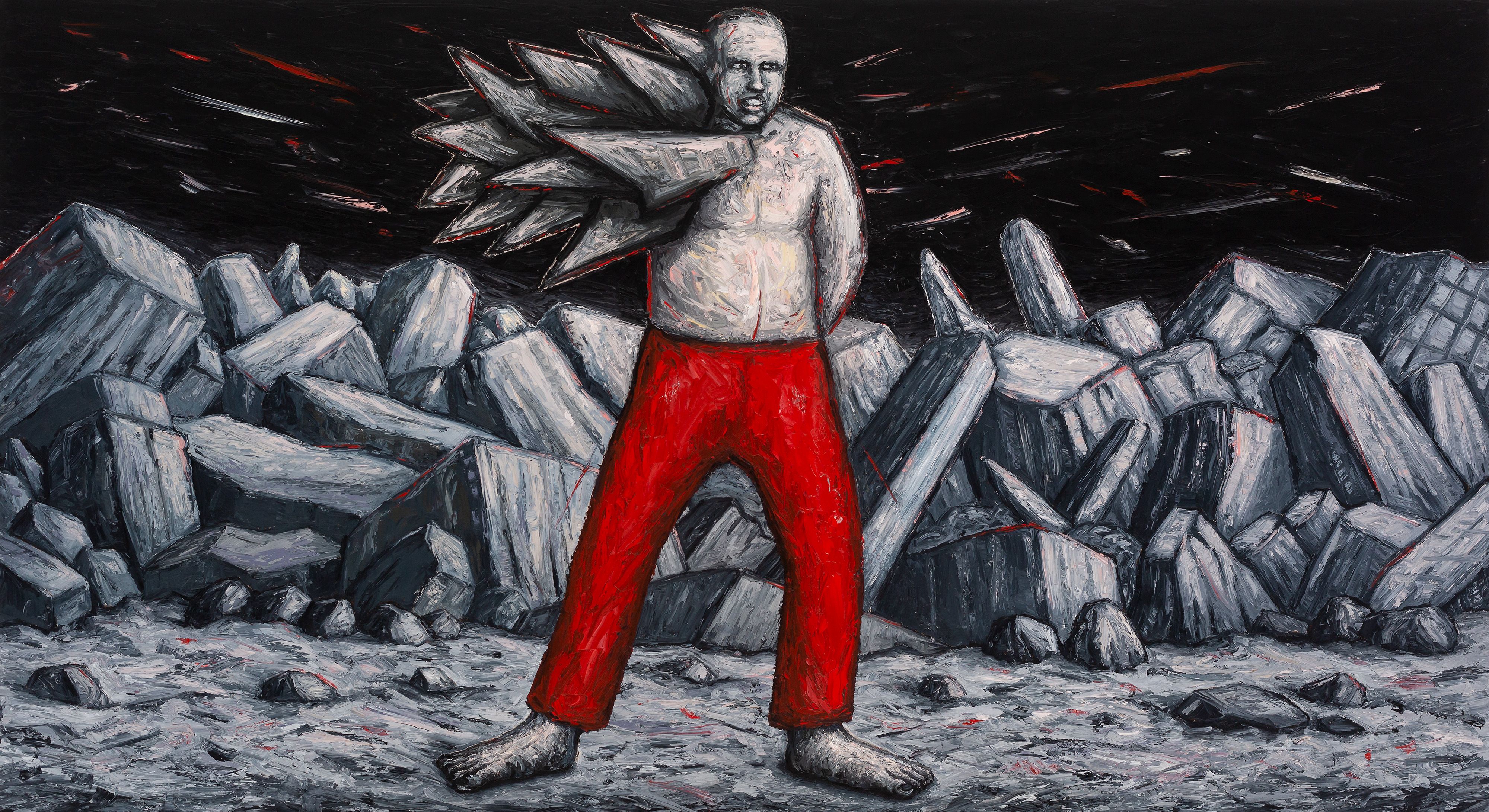 Painting of a man with red pants with sharp rocks protruding from his side, in front of a grey rocky landscape.