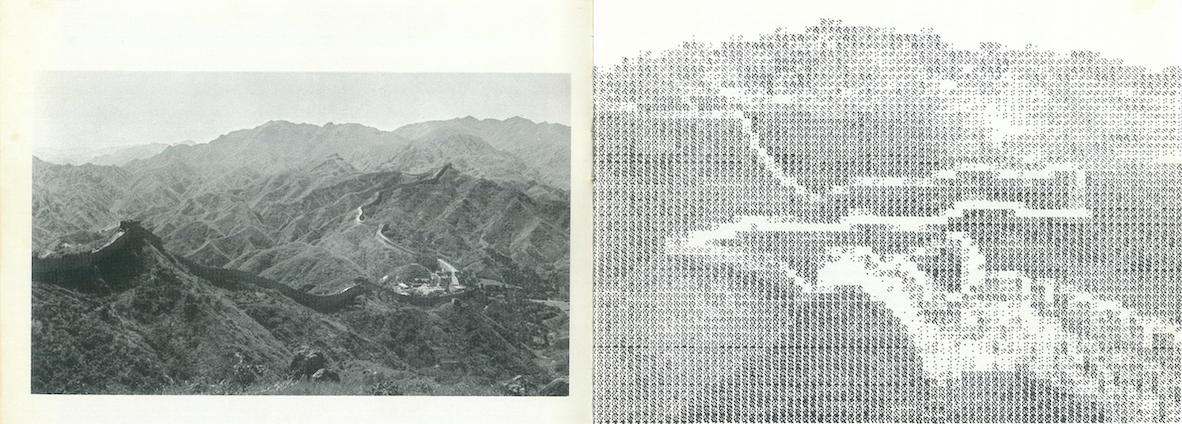 Two pages from a book, featuring a greyscale image of the Great Wall of China, and the other a recreation of an image of the Great Wall of China constructed with fragments of etched shapes.