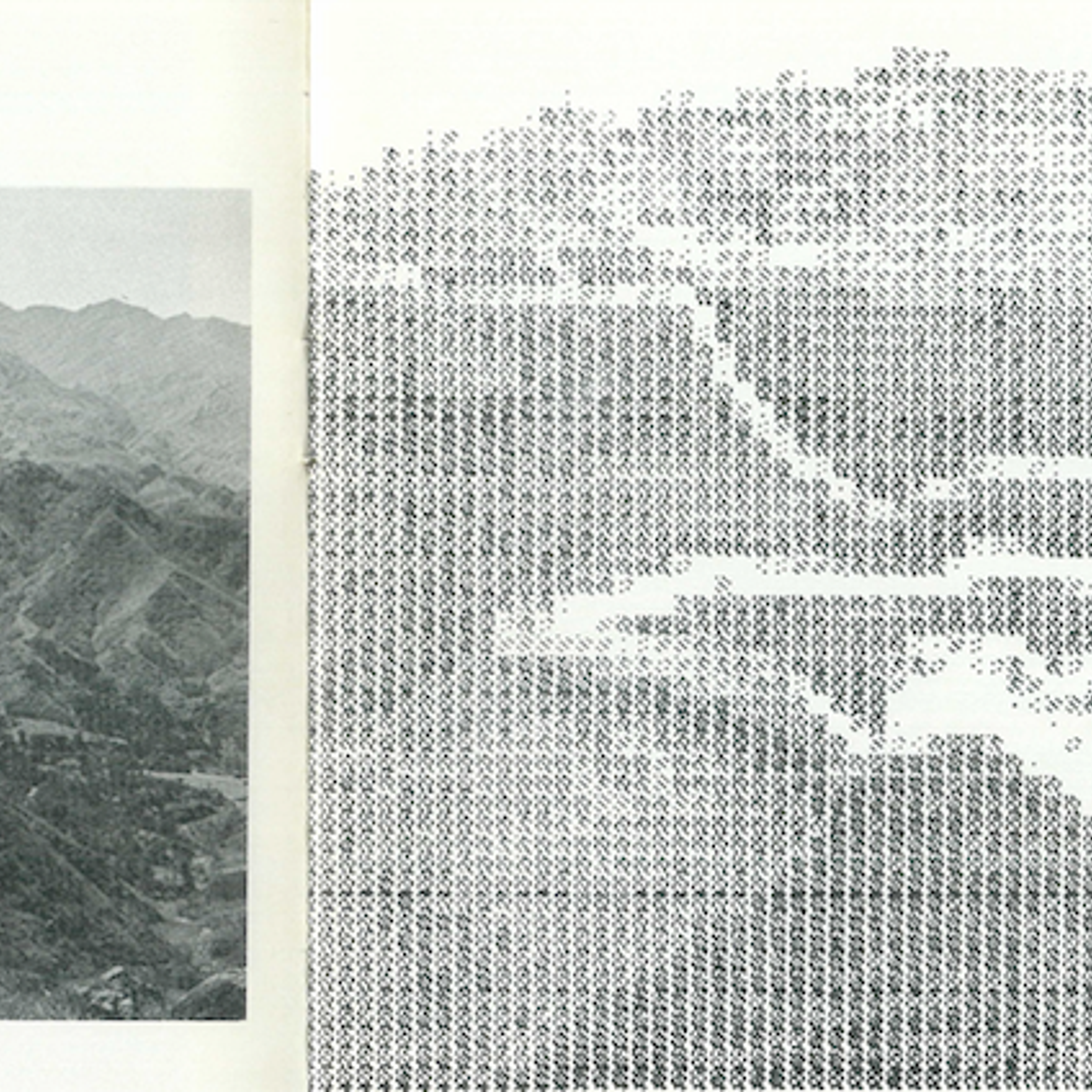 Two pages from a book, featuring a greyscale image of the Great Wall of China, and the other a recreation of an image of the Great Wall of China constructed with fragments of etched shapes.