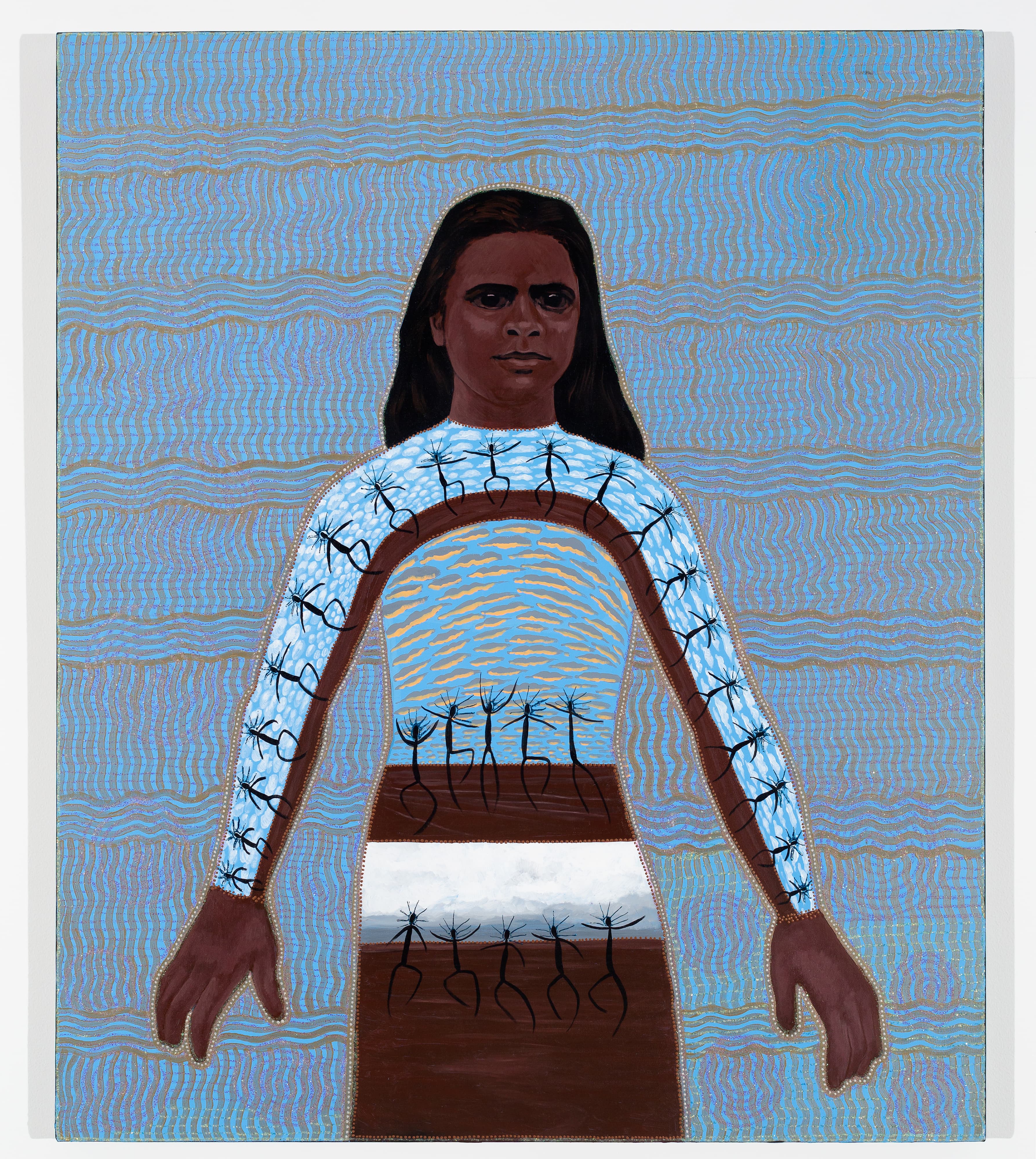 Painting of a dark skinned woman with long dark hair, with paintings of people lining up on her body, in front of a light blue and brown pattern backdrop.