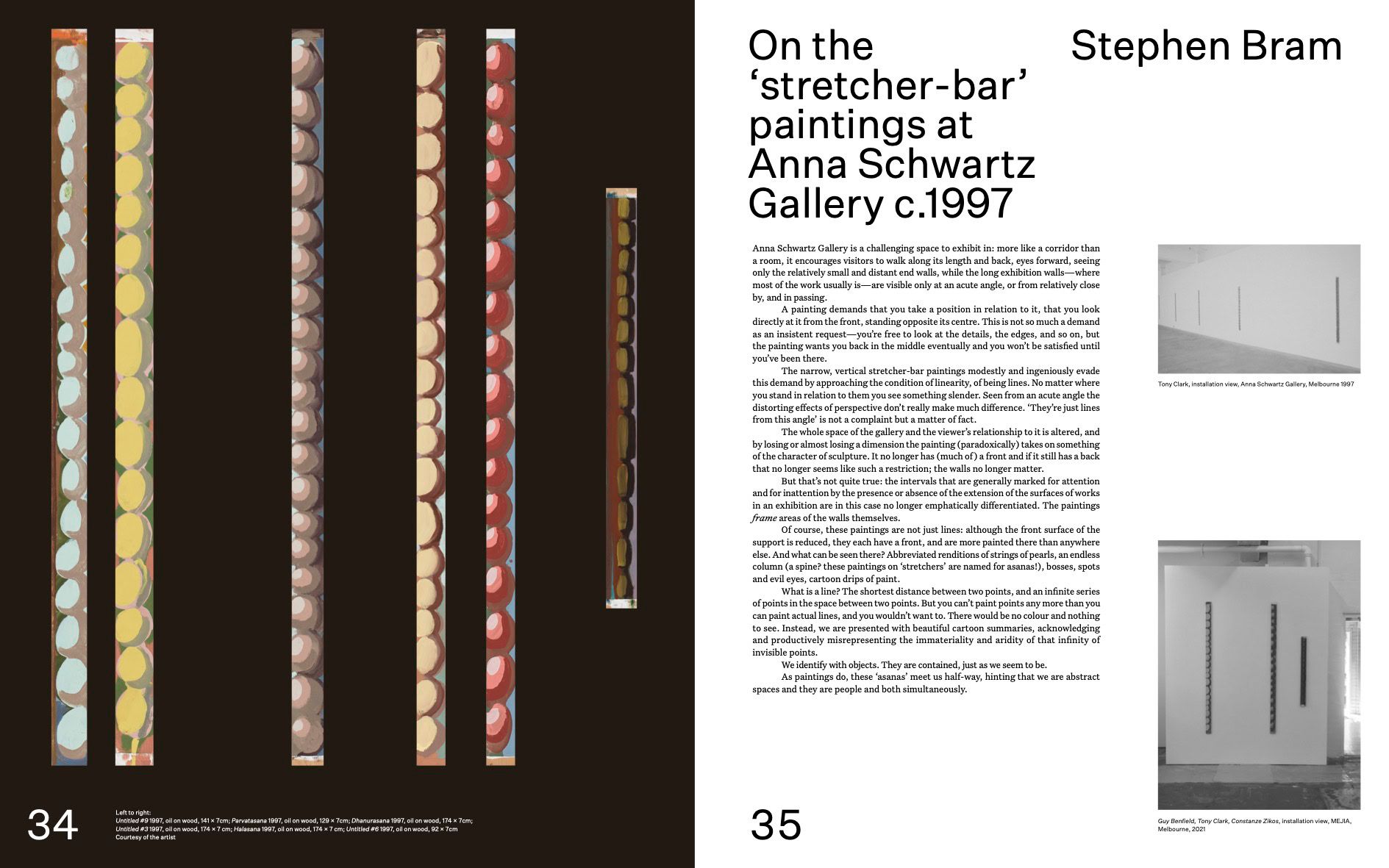 A two-page magazine spread: the left page features five vertical, painted stretcher bars with colorful circular patterns on a black background; the right page has an essay about Stephen Brams artwork, with black text and three small grayscale photos of gallery installations.