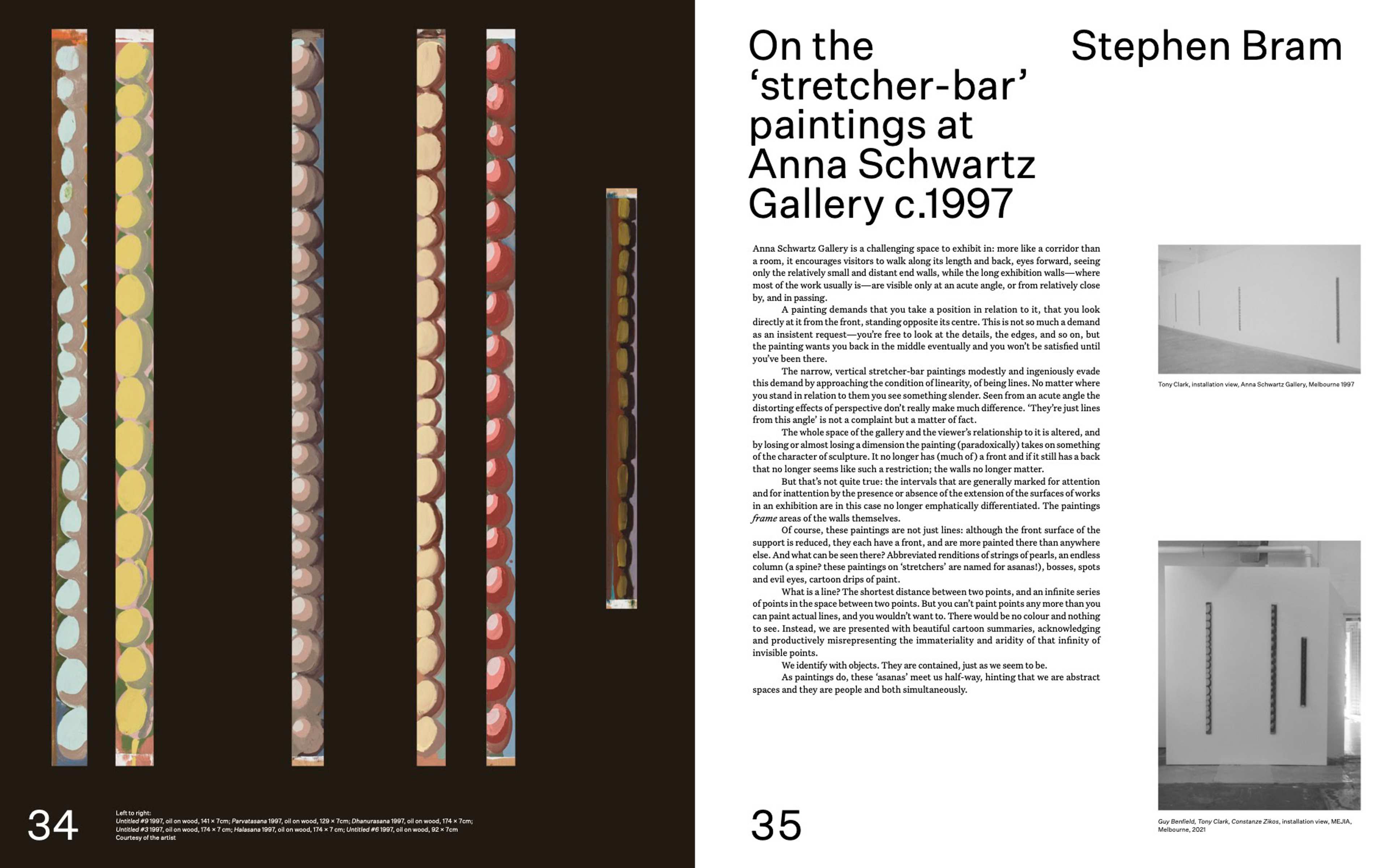 A two-page magazine spread: the left page features five vertical, painted stretcher bars with colorful circular patterns on a black background; the right page has an essay about Stephen Brams artwork, with black text and three small grayscale photos of gallery installations.