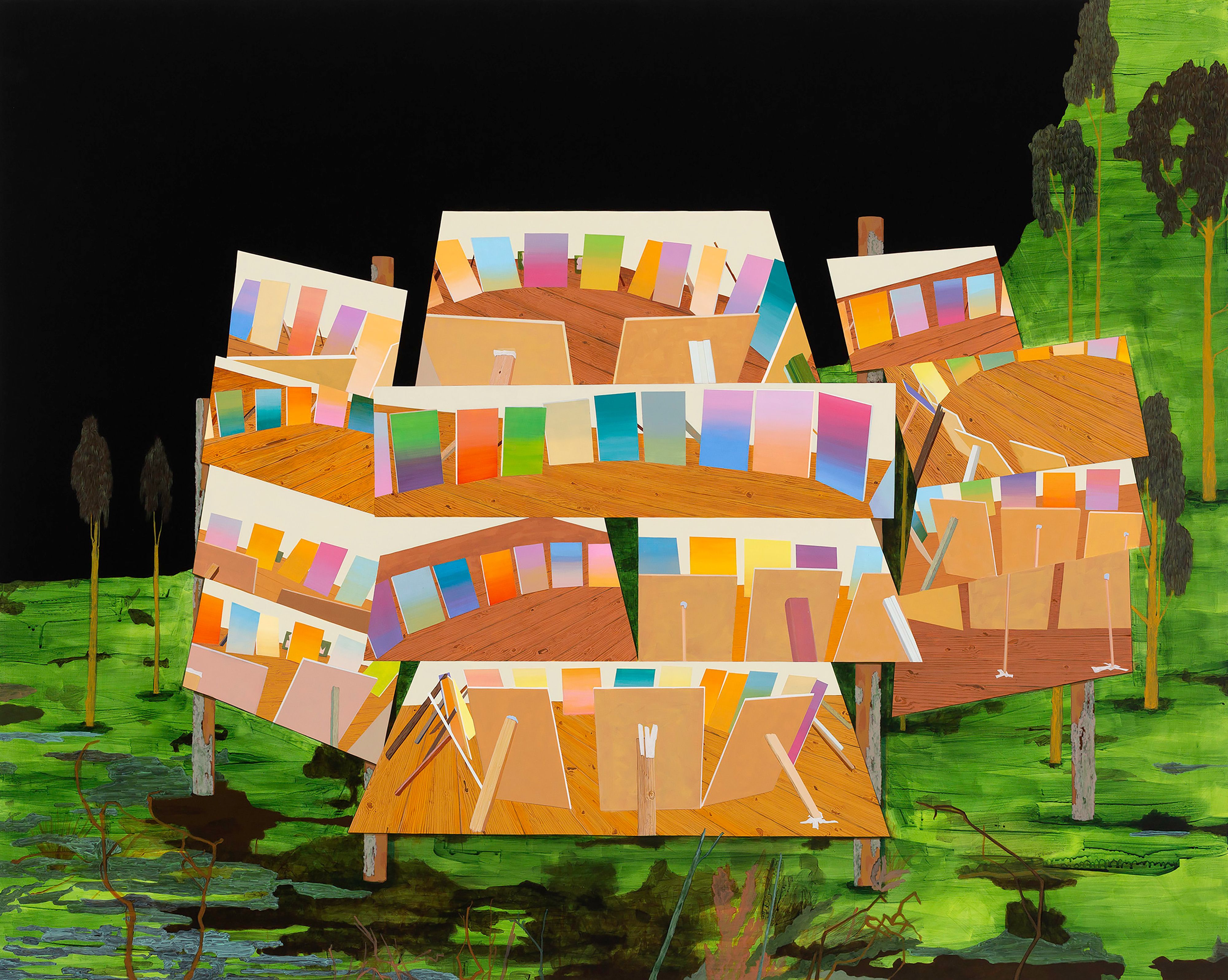 A colorful, abstract depiction of overlapping rectangular rooms with vibrant walls and wooden floors, set against a green, swampy landscape with dark trees and a black sky.
