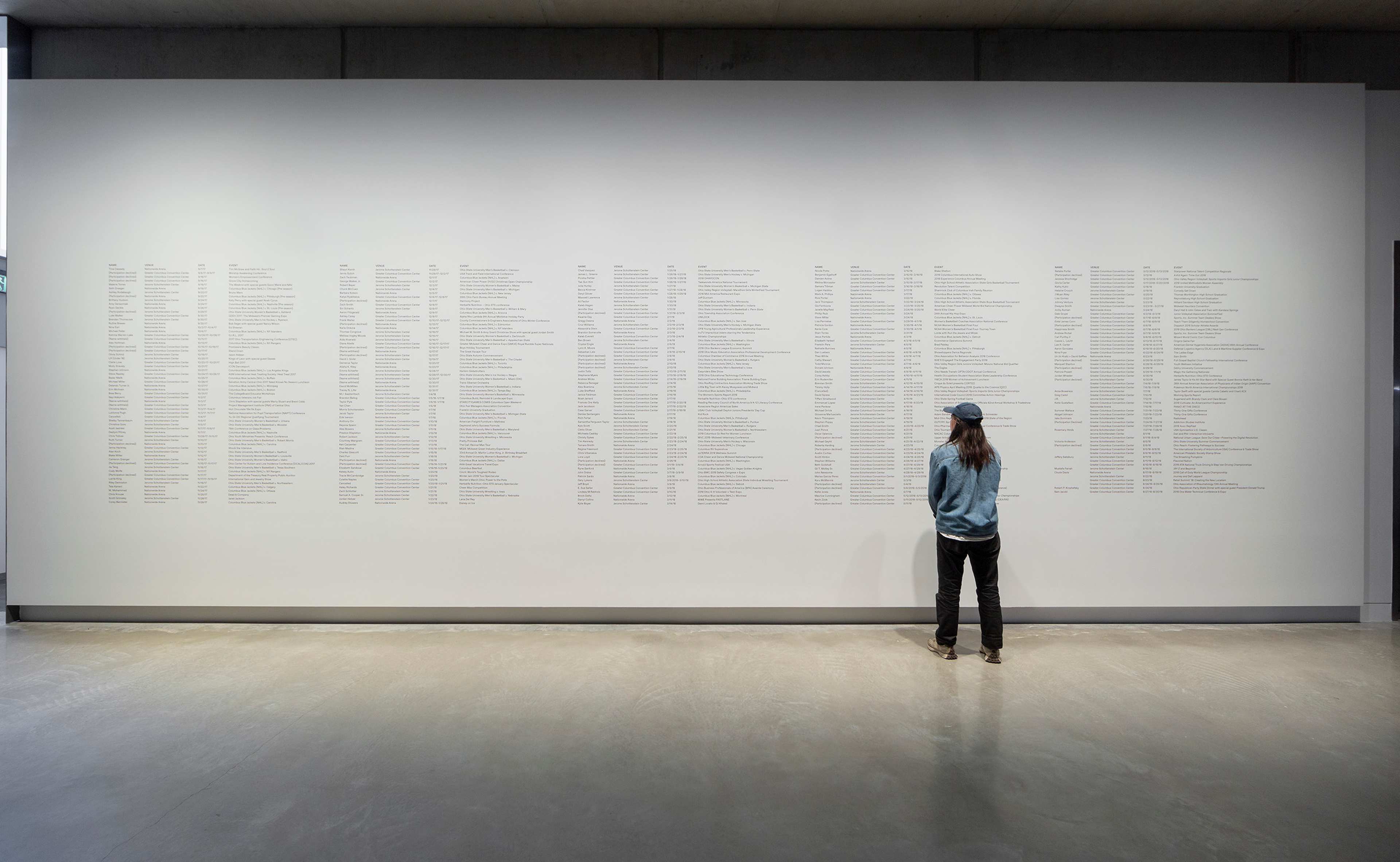 A person in a blue jacket and cap stands in front of a large white wall covered with several columns of small, neatly organized text in a modern, spacious gallery or museum.