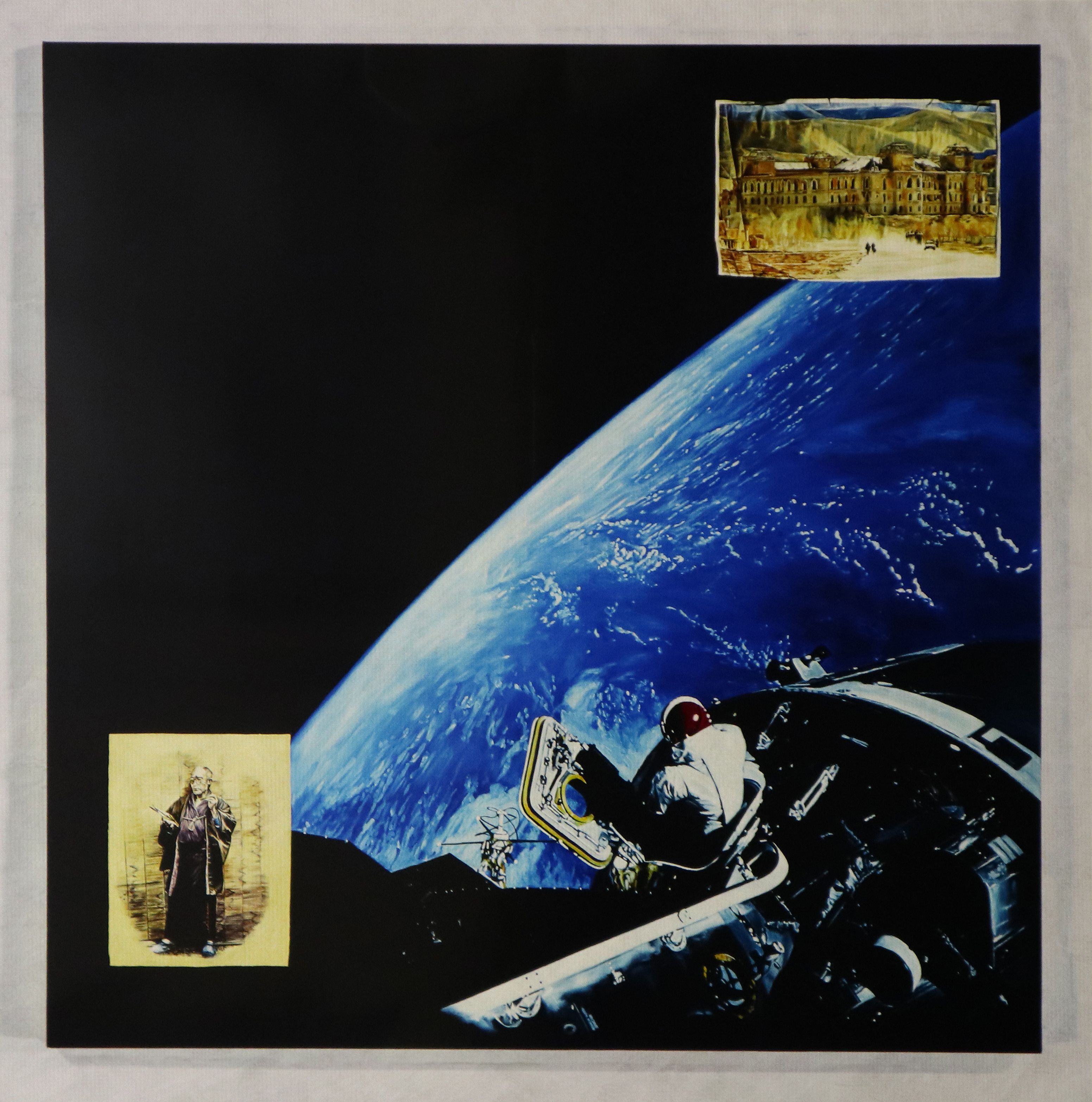 Print of a section of the earth from space overlayed with a photograph of a person and a painting of a building in a landscape.