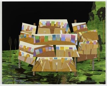 A colorful, abstract depiction of overlapping rectangular rooms with vibrant walls and wooden floors, set against a green, swampy landscape with dark trees and a black sky.