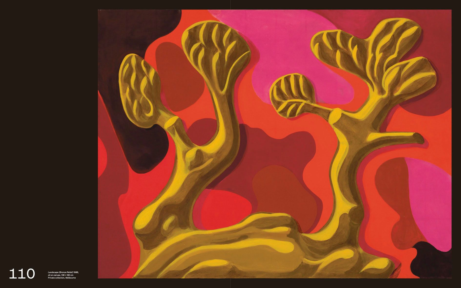 Abstract painting of a yellow tree-like form with multiple branches against a vibrant red, pink, and black wavy background. The image has a bold, almost surreal look with smooth, rounded shapes. Page number 110 appears in the corner.