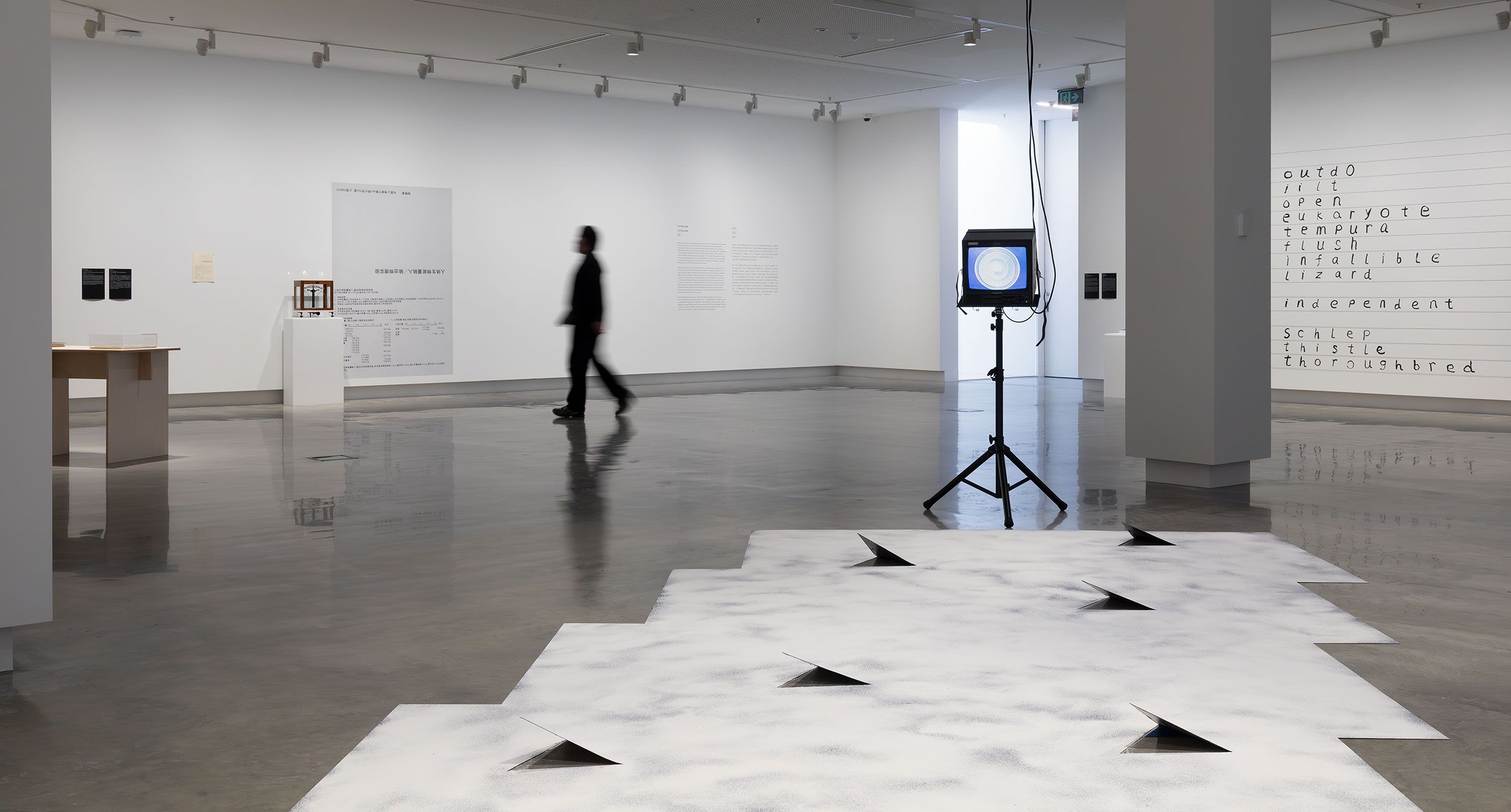 A modern art gallery with minimalist installations, white walls, and polished floors. An abstract white floor piece with black triangles is in the foreground; a person walks past wall text and various art displays in the background.