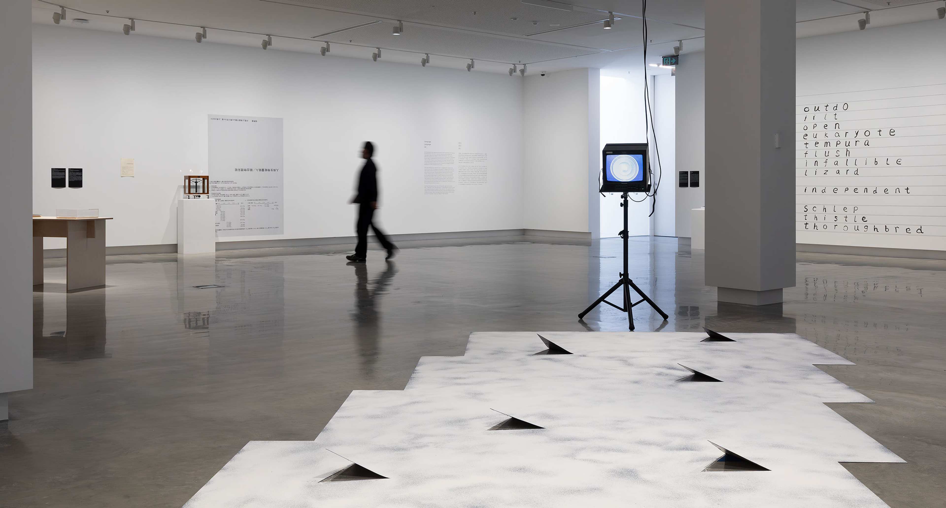 A modern art gallery with minimalist installations, white walls, and polished floors. An abstract white floor piece with black triangles is in the foreground; a person walks past wall text and various art displays in the background.