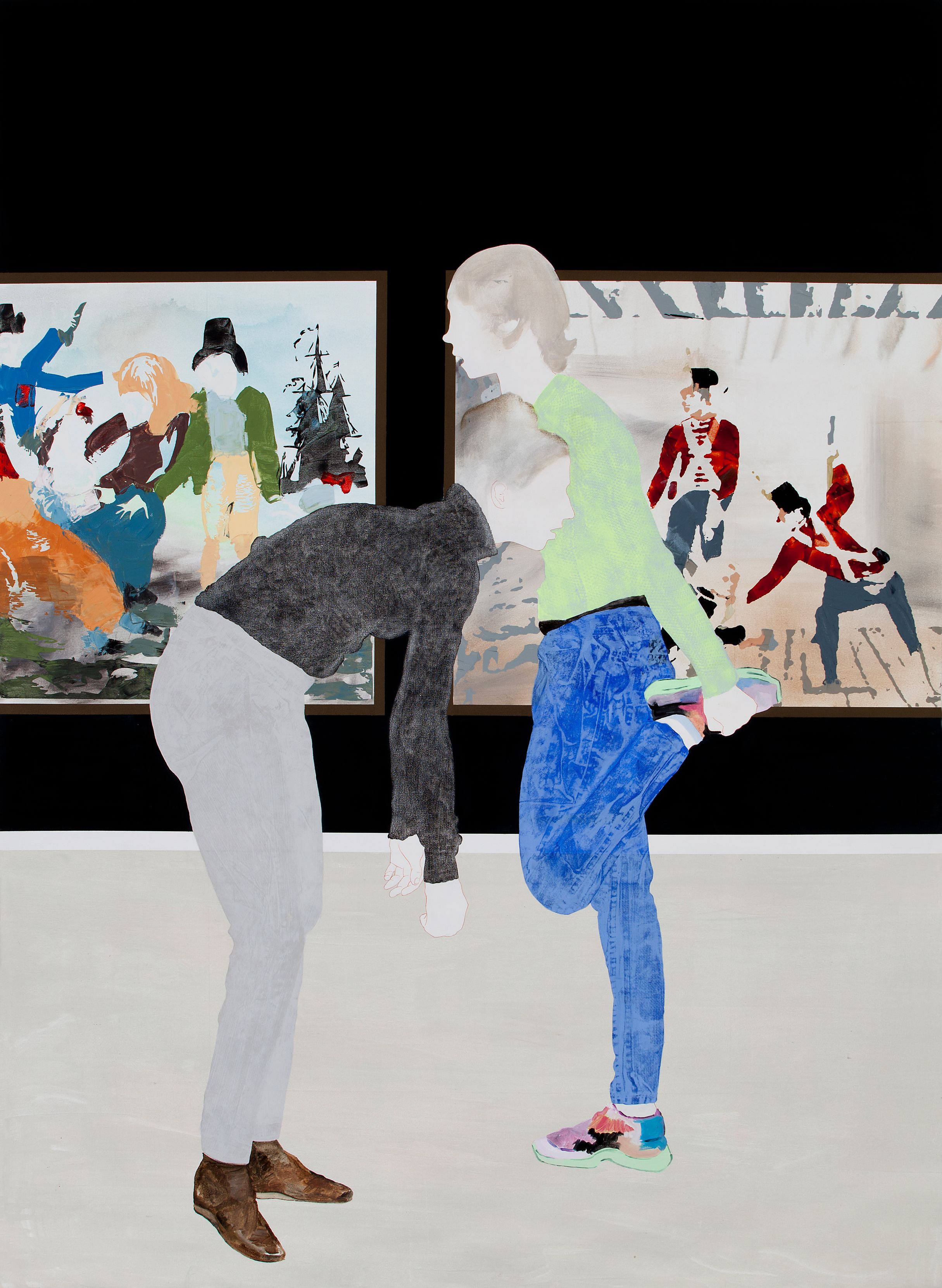 Painting of two figures stretching in a museum with colonial reenactment scene exhibits in the background.