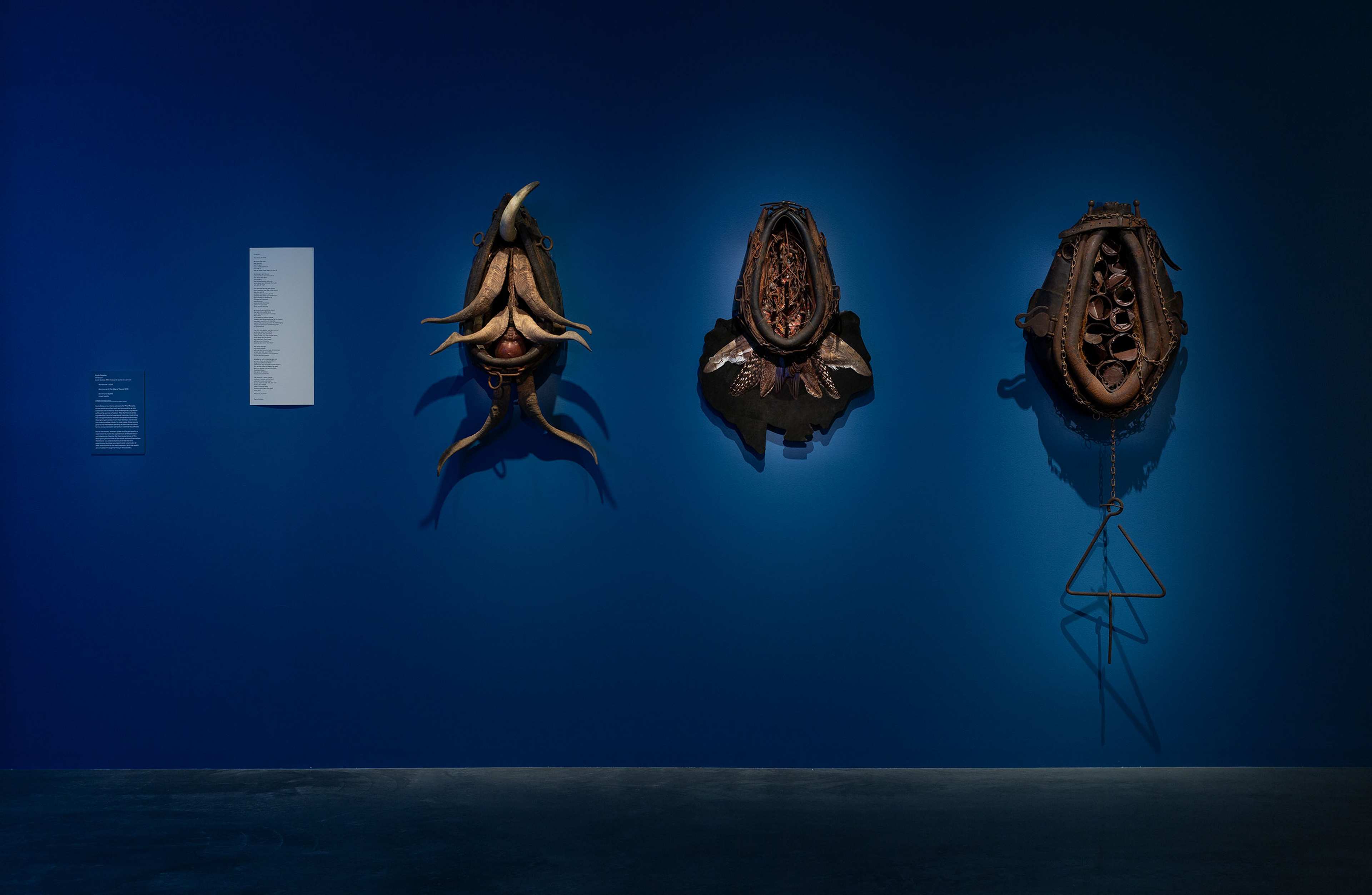 Three abstract, organic sculptures are mounted on a deep blue gallery wall, each featuring layered, textured shapes and dark earthy tones. Labels with text are posted beside the artworks. The floor is dimly lit.