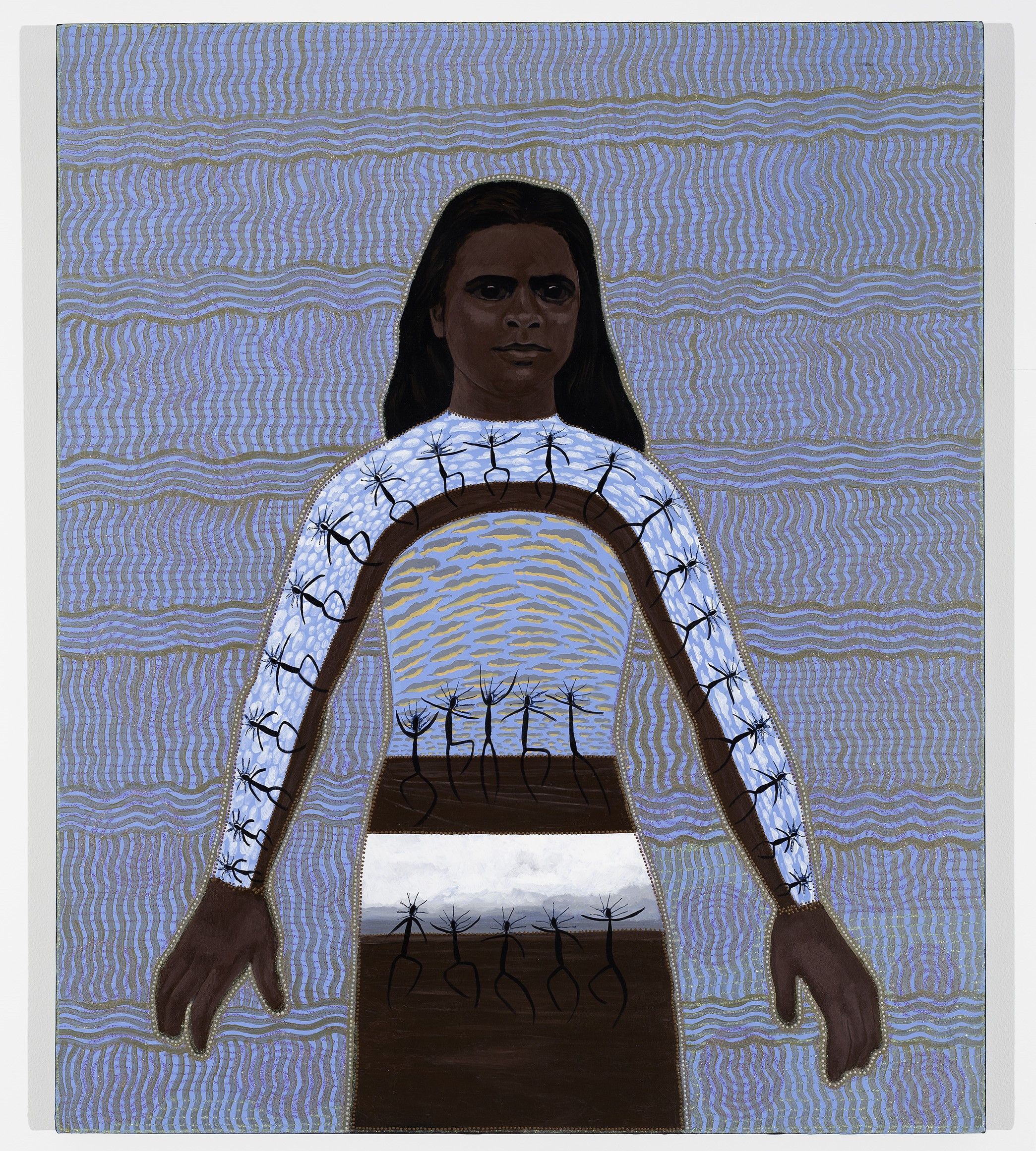 Painting of a dark skinned woman with long dark hair, with paintings of people lining up on her body, in front of a light blue and brown pattern backdrop.