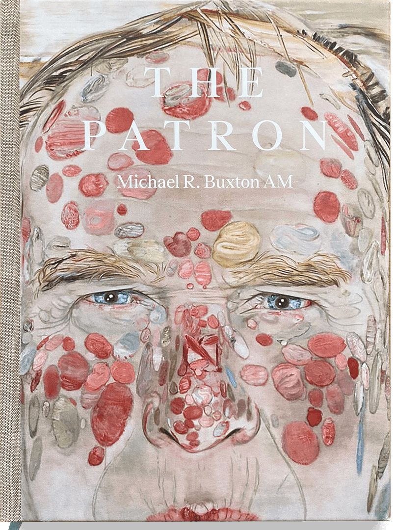 Book cover for The Patron by Michael R. Buxton AM featuring a close-up portrait of a mans face with various red and beige blotches and marks painted across his skin.
