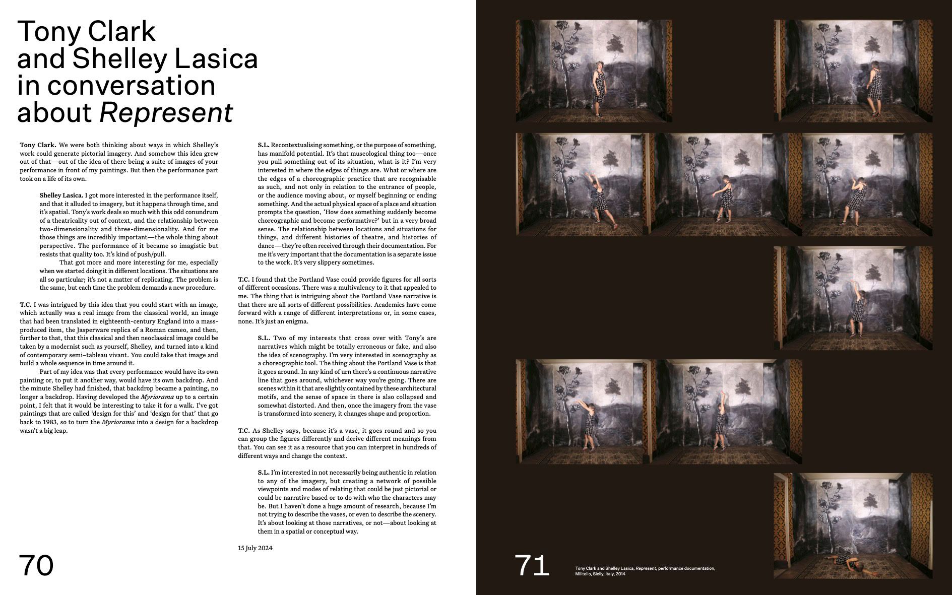 A magazine spread features an interview with Tony Clark and Shelley Lasica on the left, and a grid of ten photos showing a person in various poses against a painted backdrop on the right. Page numbers 70 and 71 appear at the bottom.