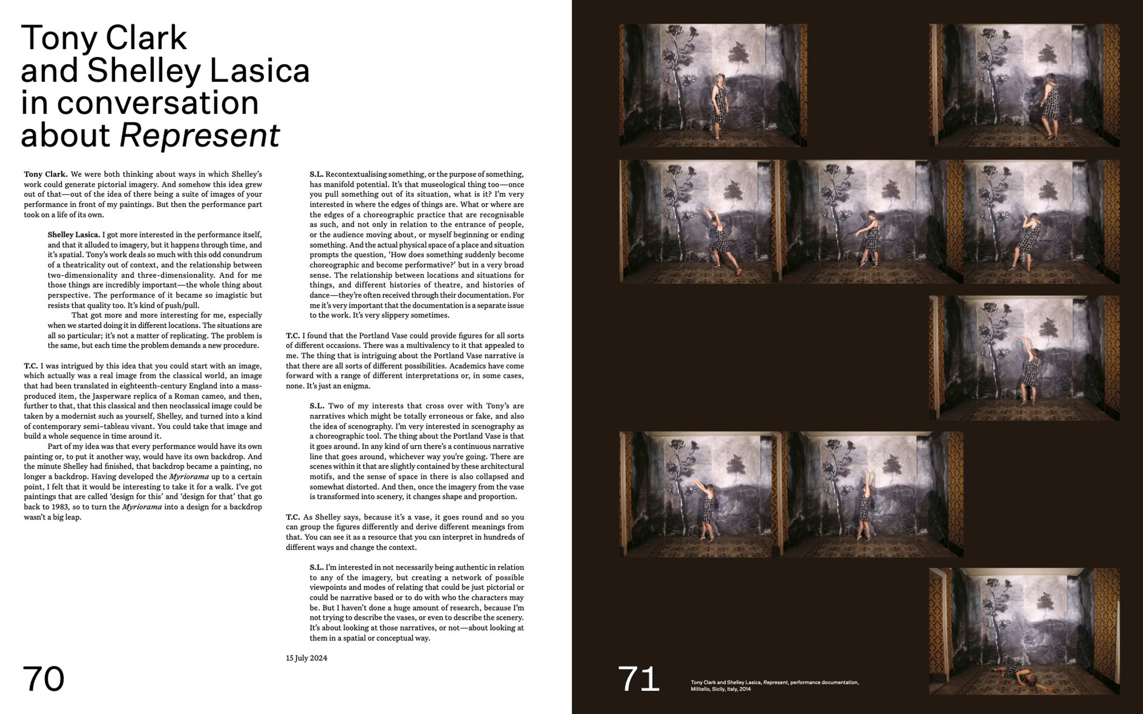 A magazine spread features an interview with Tony Clark and Shelley Lasica on the left, and a grid of ten photos showing a person in various poses against a painted backdrop on the right. Page numbers 70 and 71 appear at the bottom.
