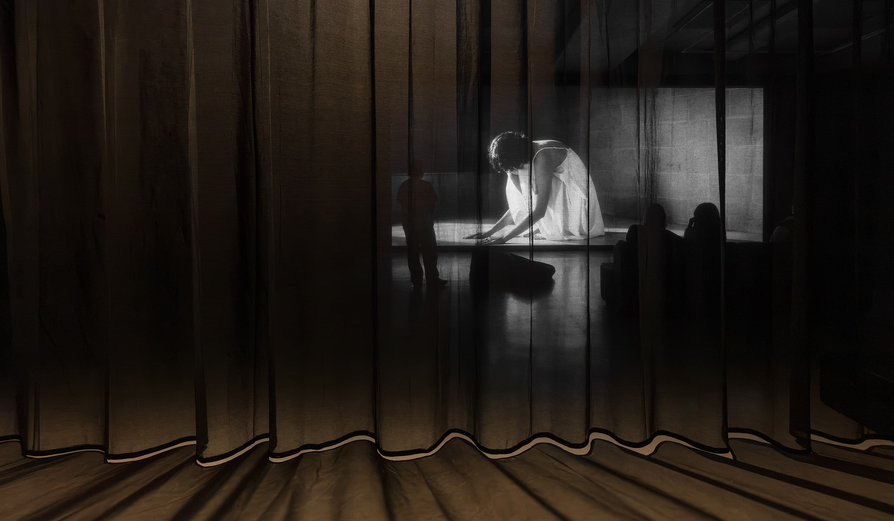 A dimly lit scene shows a sheer curtain in the foreground, with a projected black-and-white image behind it of a person in white kneeling and bending forward, and a shadowy figure standing nearby.