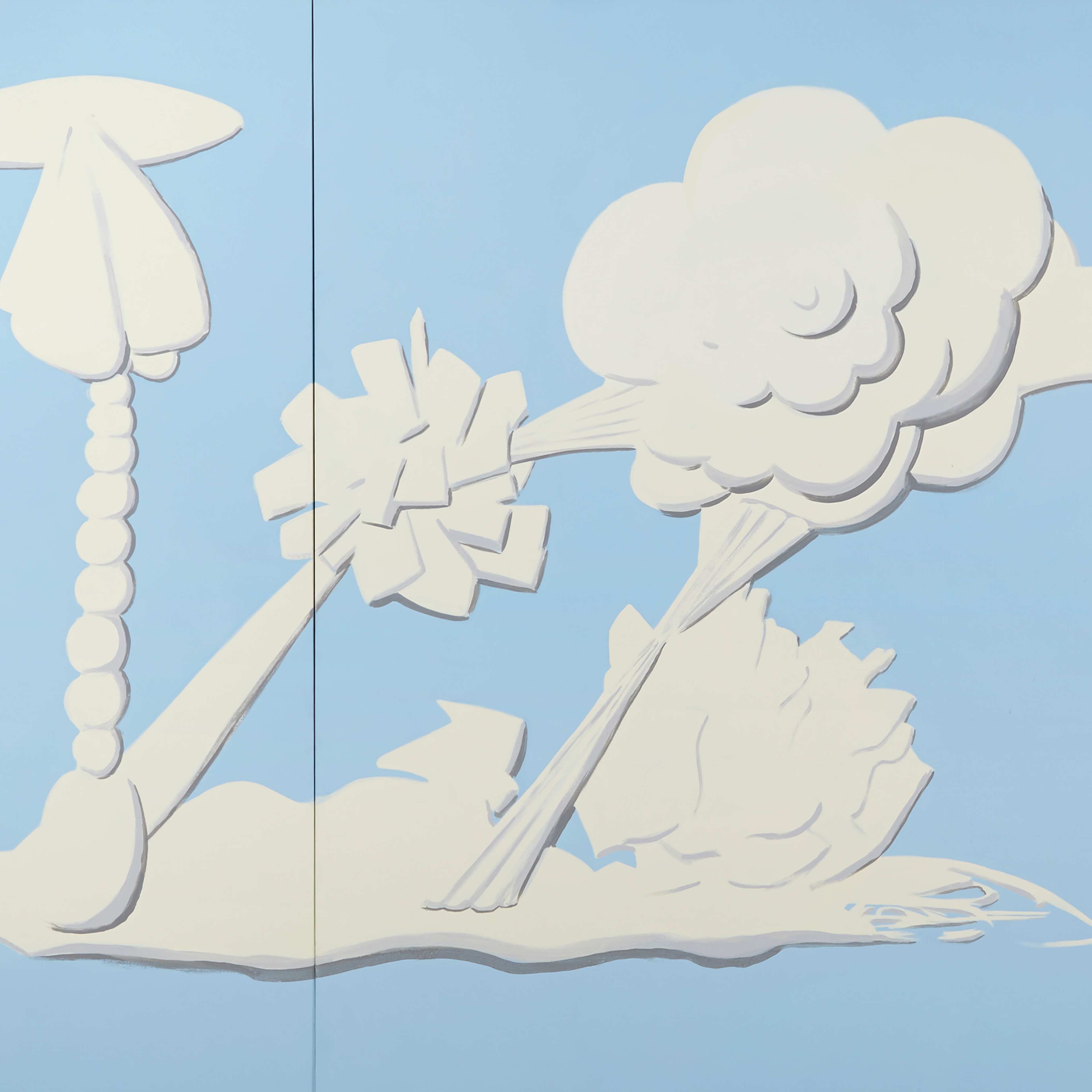White abstract shapes resembling clouds, geometric forms, and a mushroom or arrowhead are arranged on a light blue background in a minimalist, surreal composition.