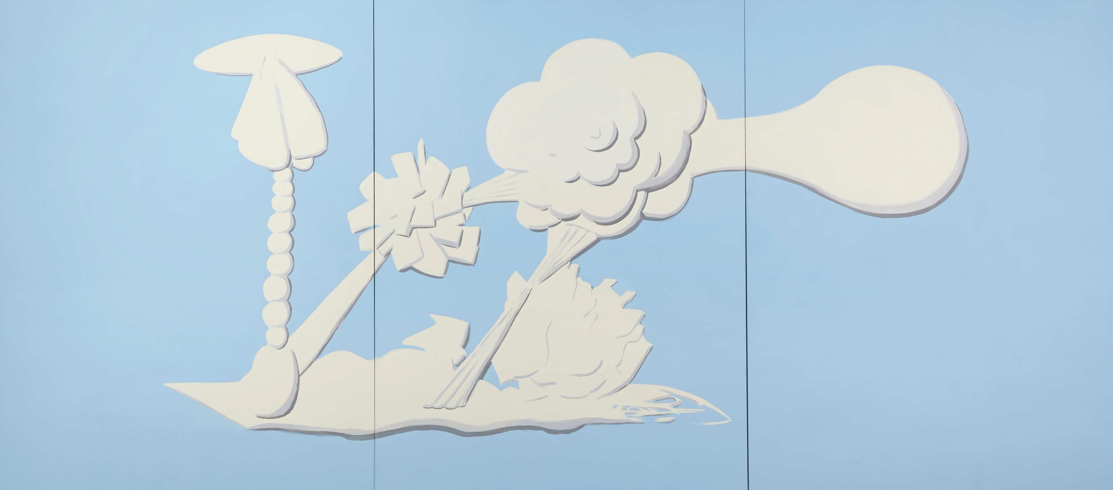 White abstract shapes resembling clouds, geometric forms, and a mushroom or arrowhead are arranged on a light blue background in a minimalist, surreal composition.