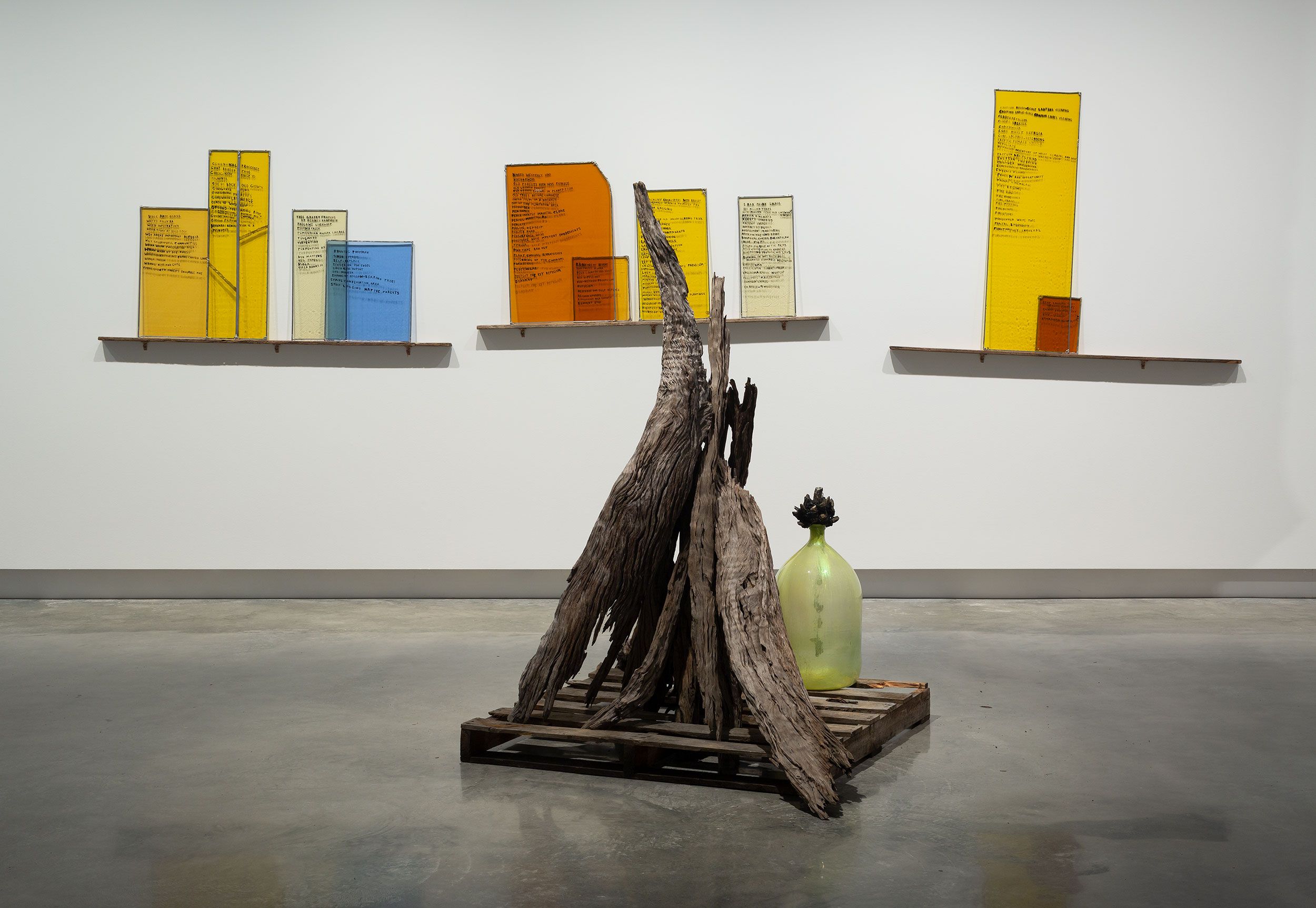 A modern art installation features tall, colored acrylic panels with text displayed on shelves against a white wall. In the foreground, dried wood pieces and a large glass bottle sit on a wooden pallet on a concrete floor.