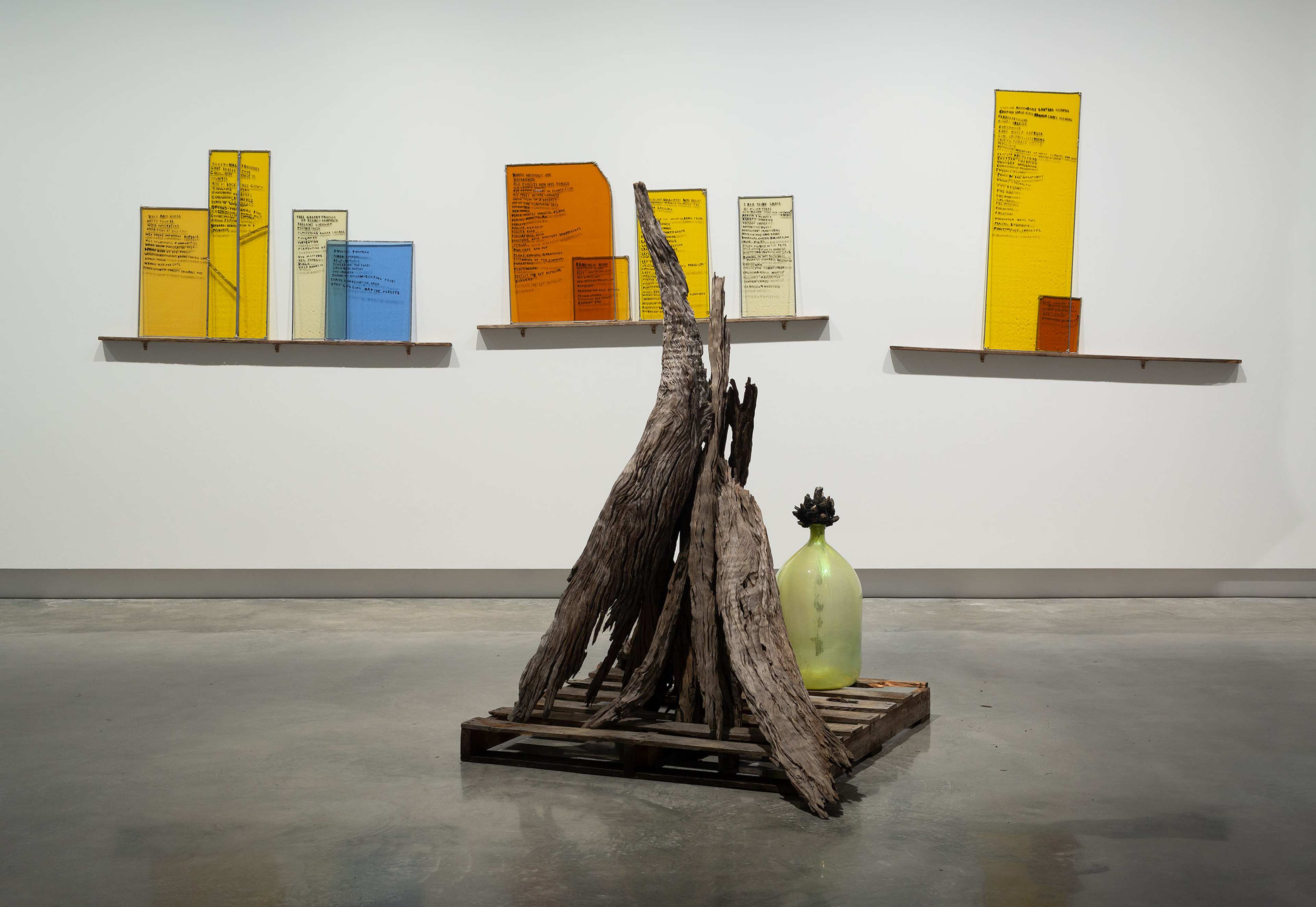 A modern art installation features tall, colored acrylic panels with text displayed on shelves against a white wall. In the foreground, dried wood pieces and a large glass bottle sit on a wooden pallet on a concrete floor.
