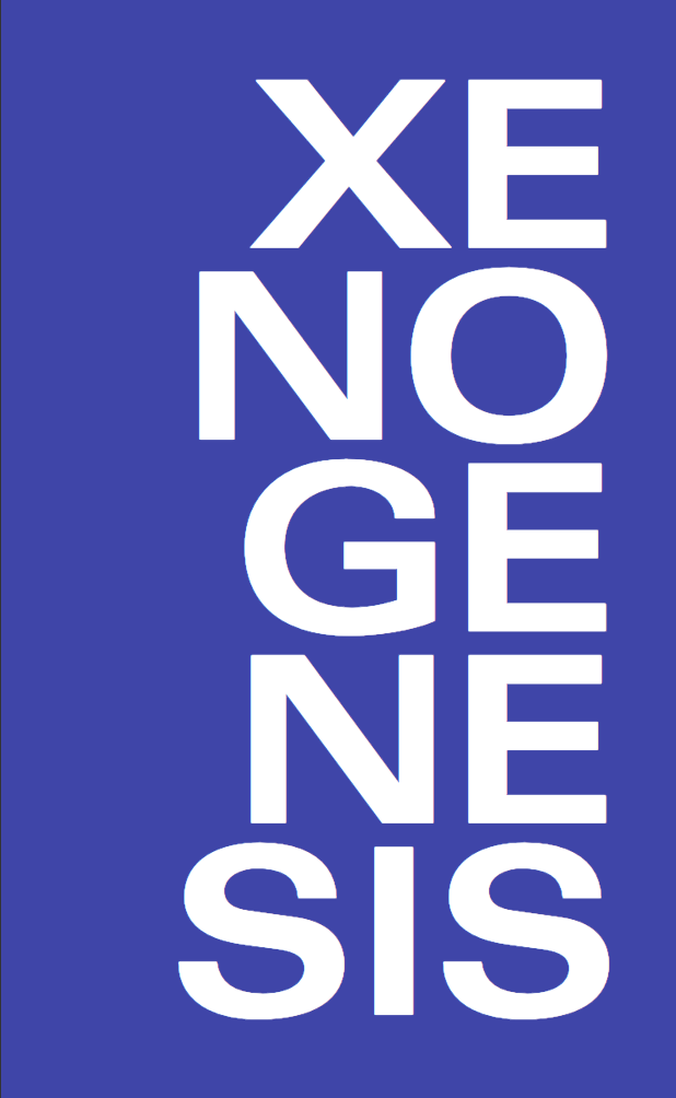 a blue book cover with the letters Xenogenesis vertically down the page in white bold text