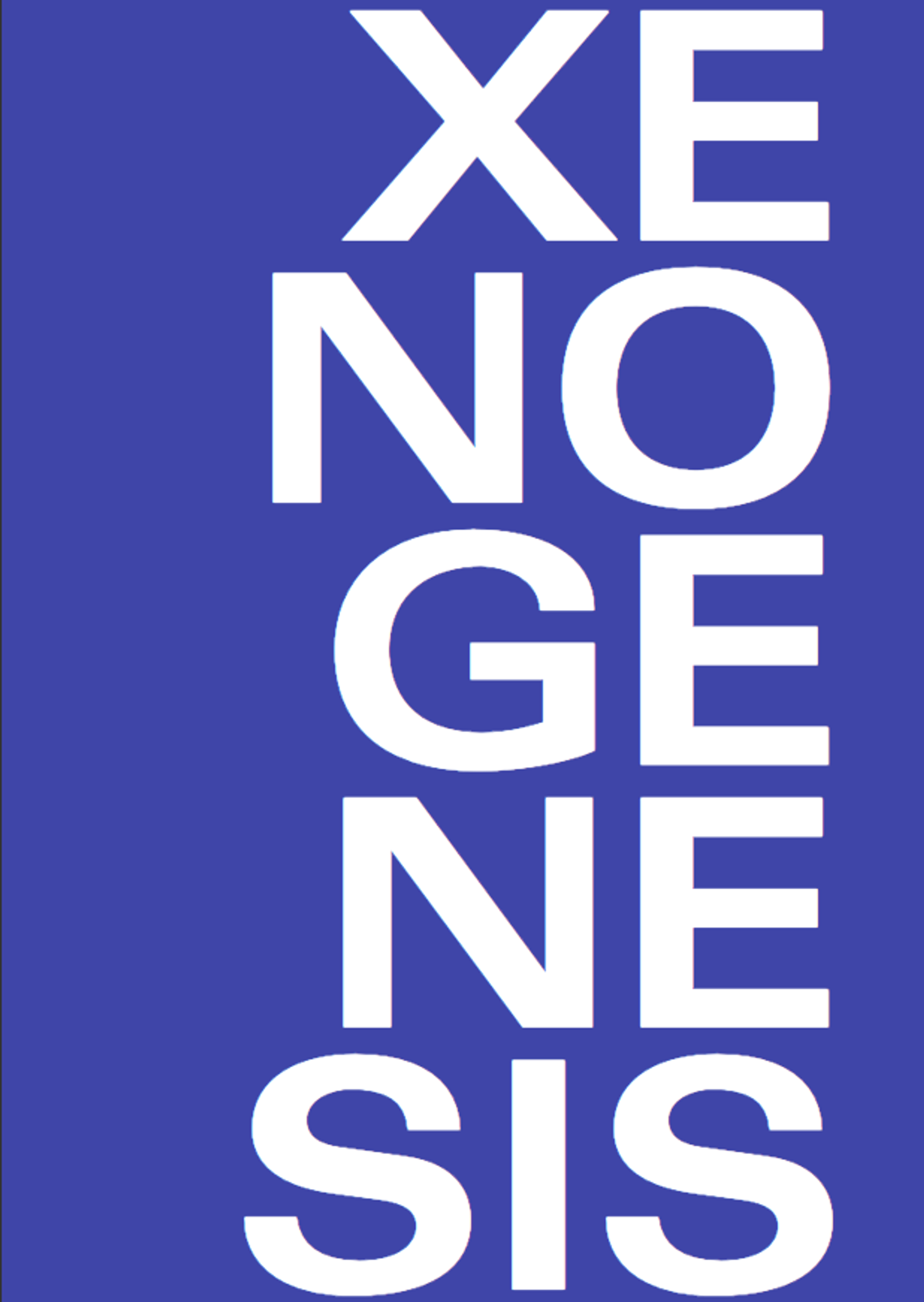 a blue book cover with the letters Xenogenesis vertically down the page in white bold text