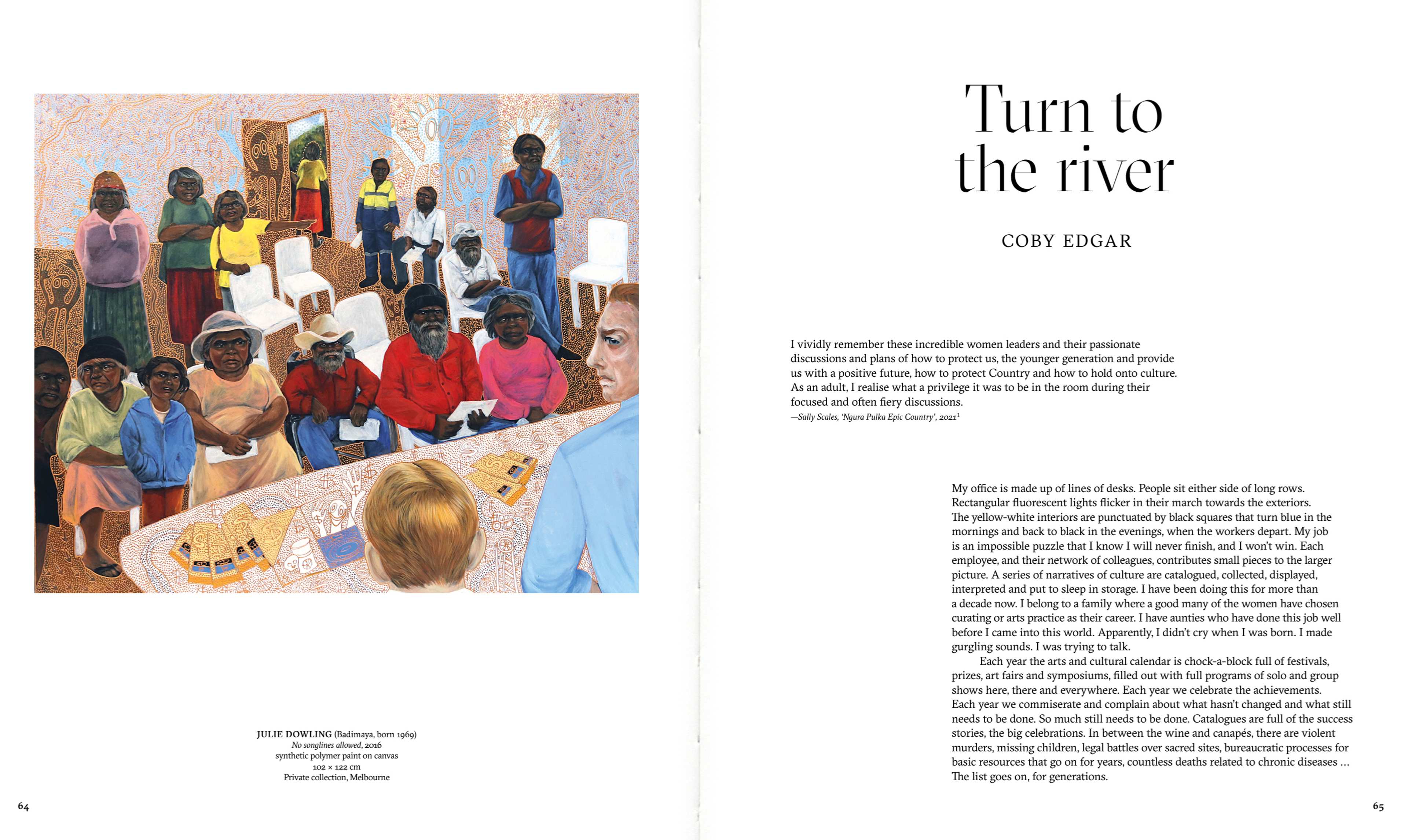 A colorful painting shows a group of First Nations women of various ages gathered in a community hall, some sitting and others standing, with artworks and papers on tables. The image appears in a magazine spread titled Turn to the river by Coby Edgar.