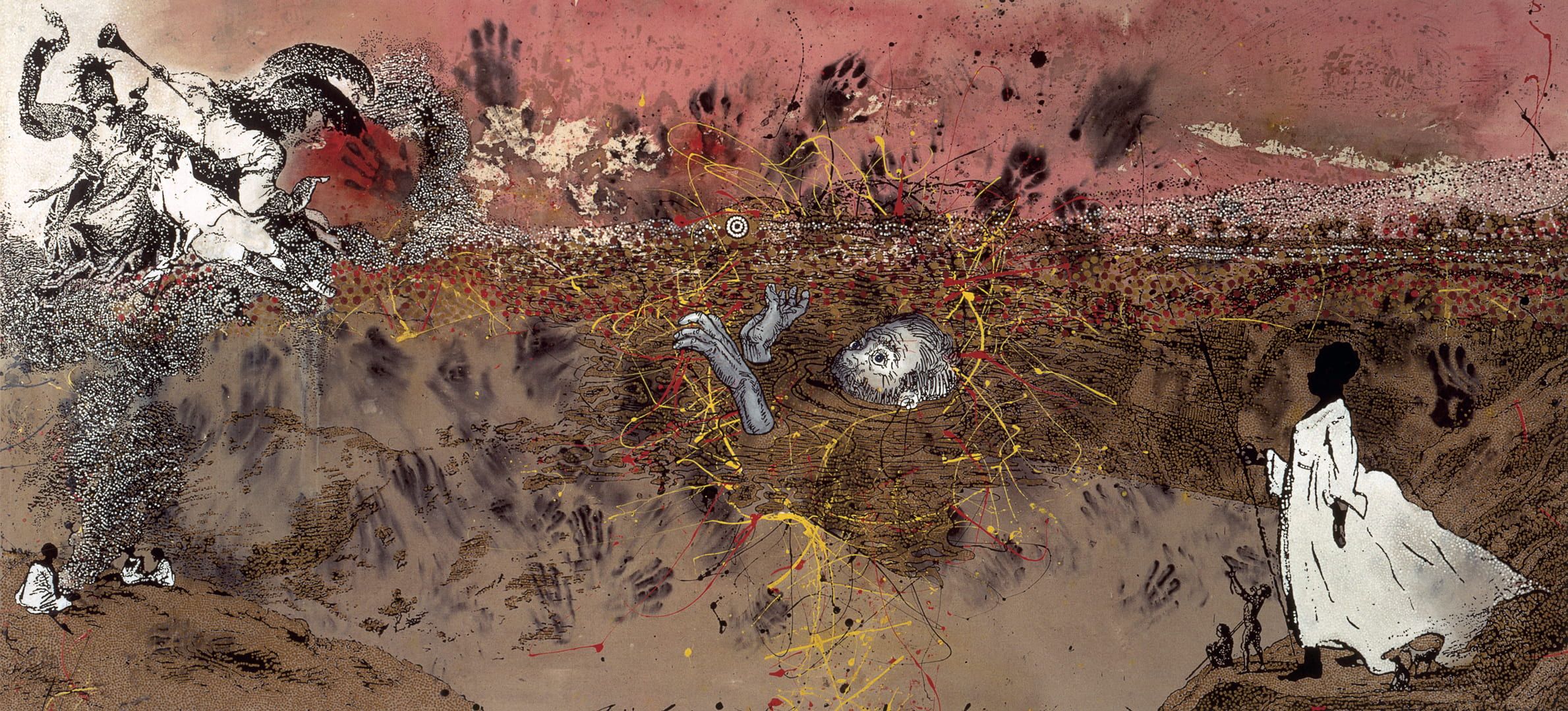 A panoramic figurative painting, with central human figure sinking into earth