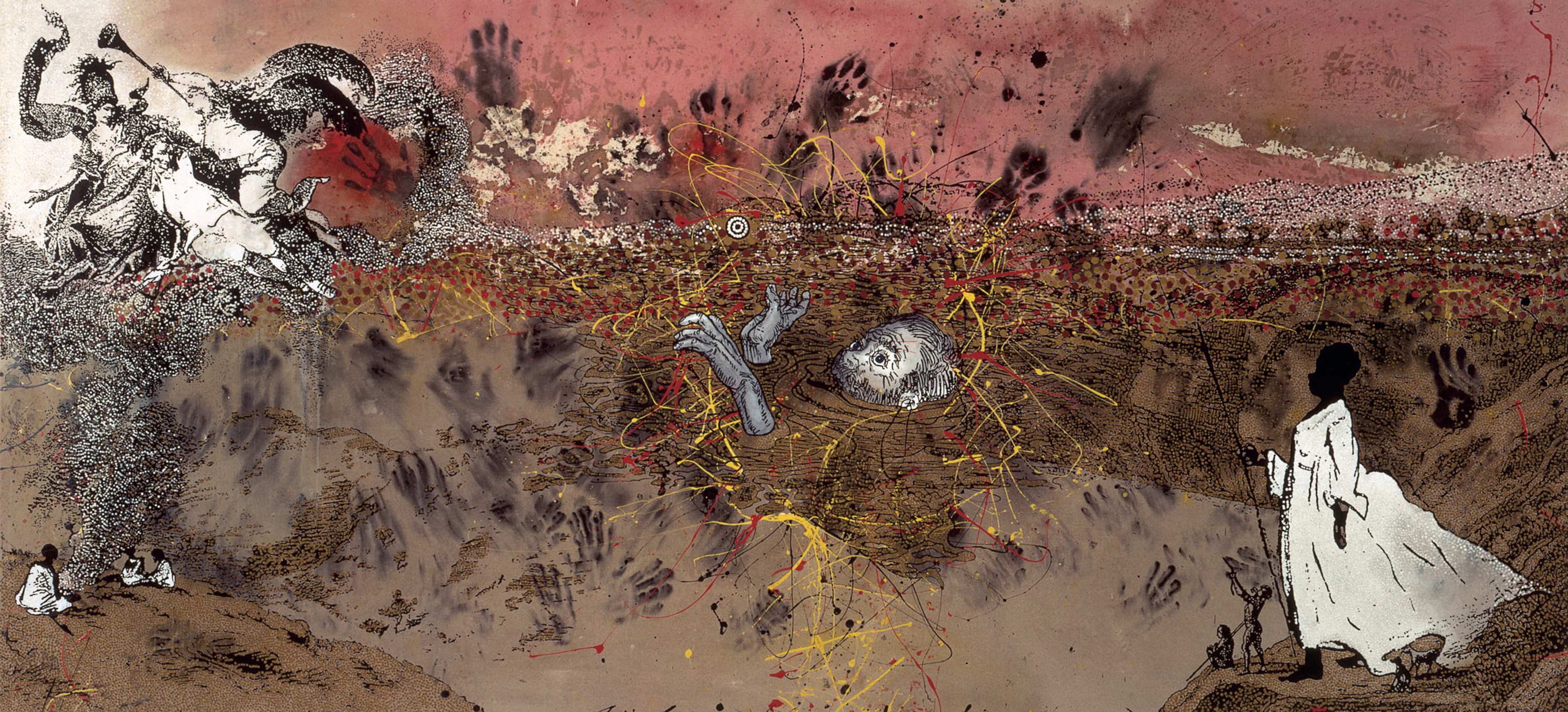 A panoramic figurative painting, with central human figure sinking into earth