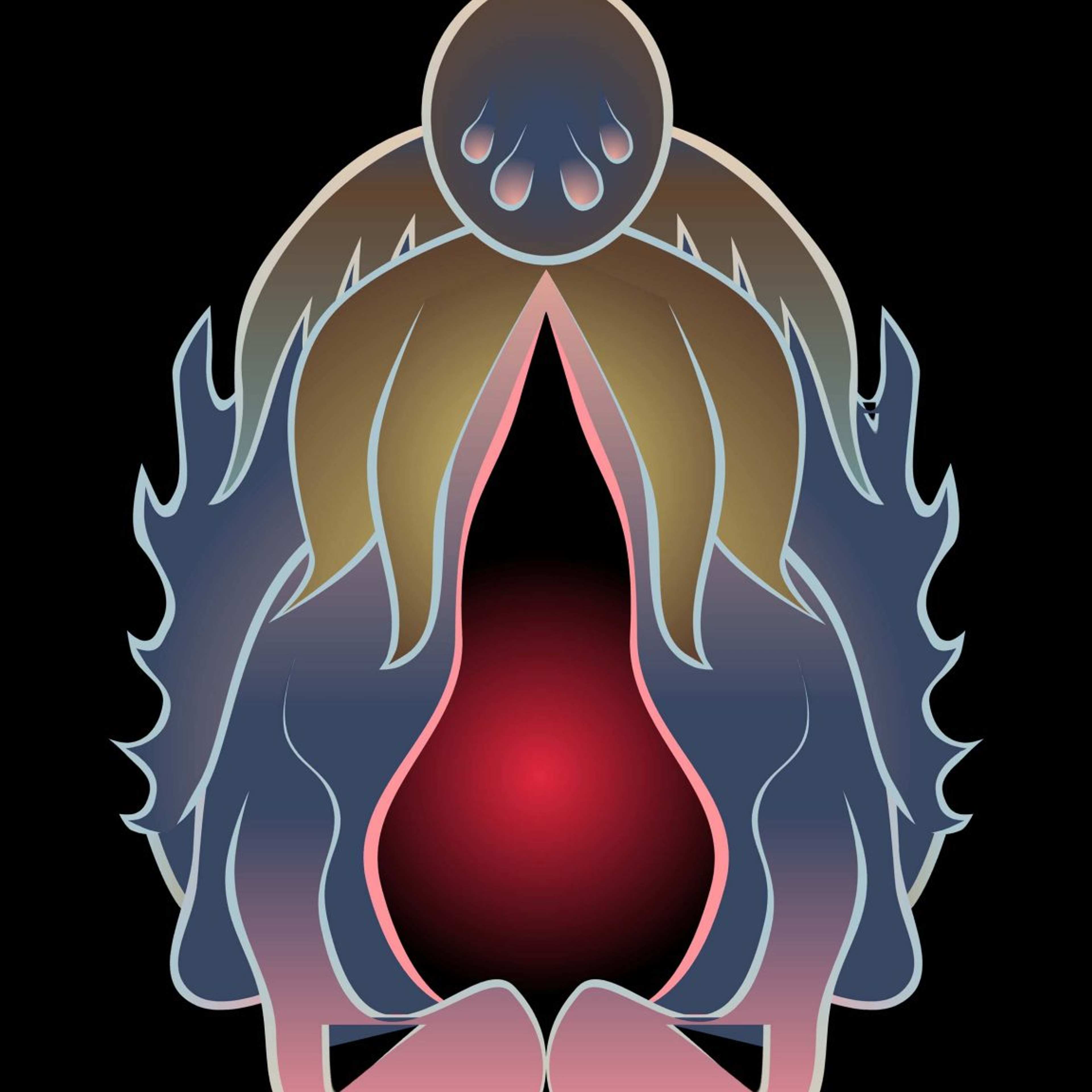 An animation still of a vagina-like shape in link, red, blue and brown tones and flame-like edges