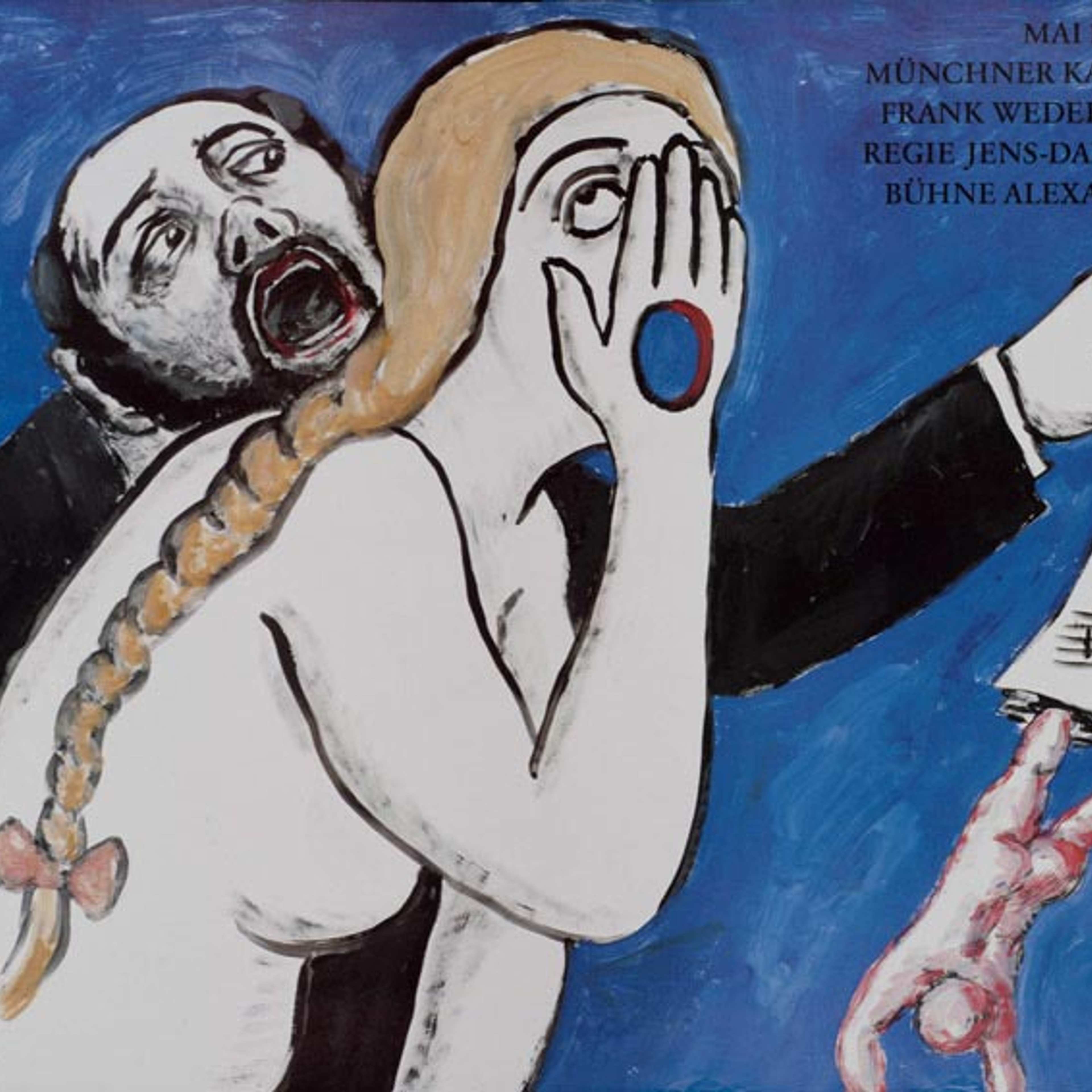 An expressionistic drawing of two people leaning against each other with foreground naked figure holding up their hand with a whole in it and a suited figure behind holding up a sheet of music notation