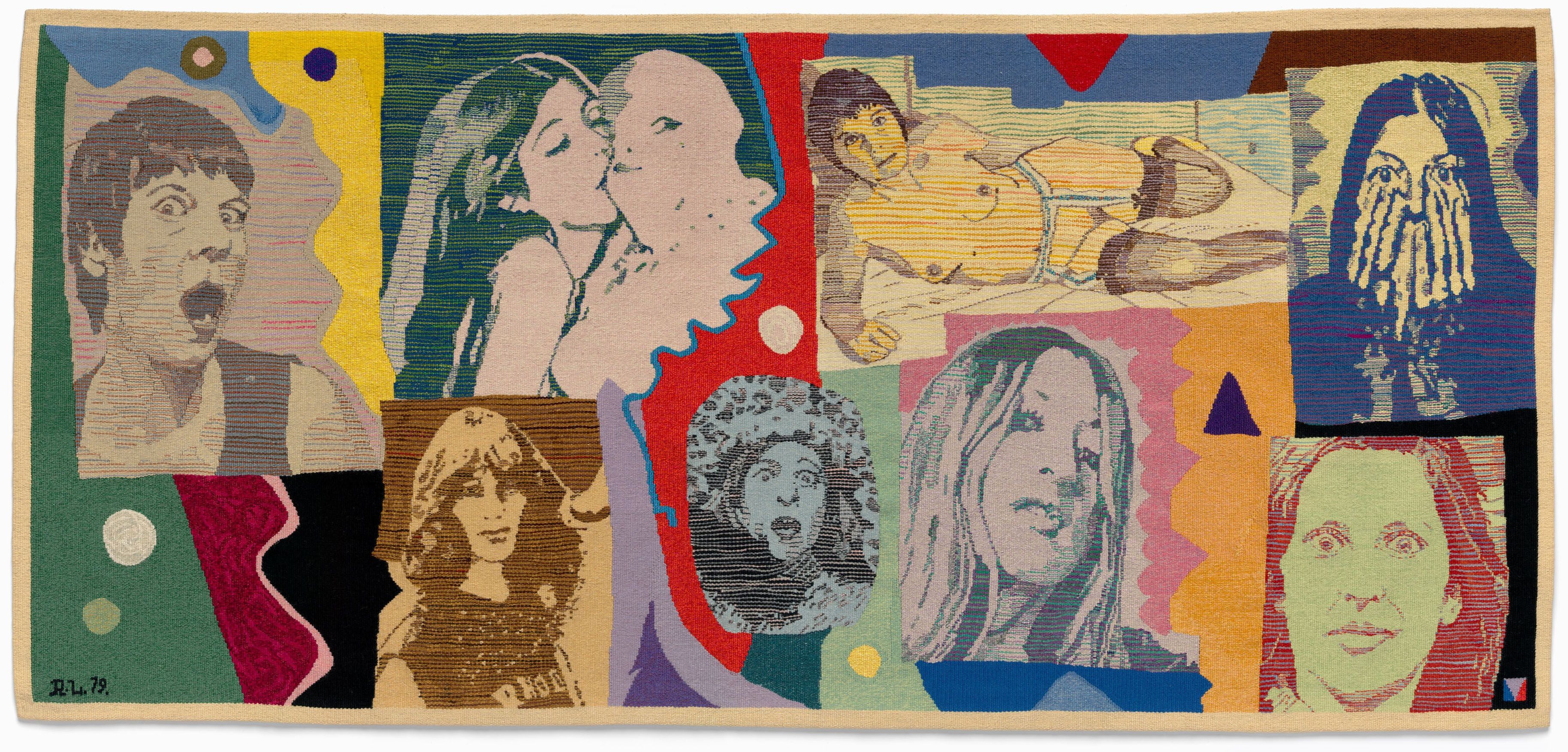 A montage of drawings of faces on a colourful background