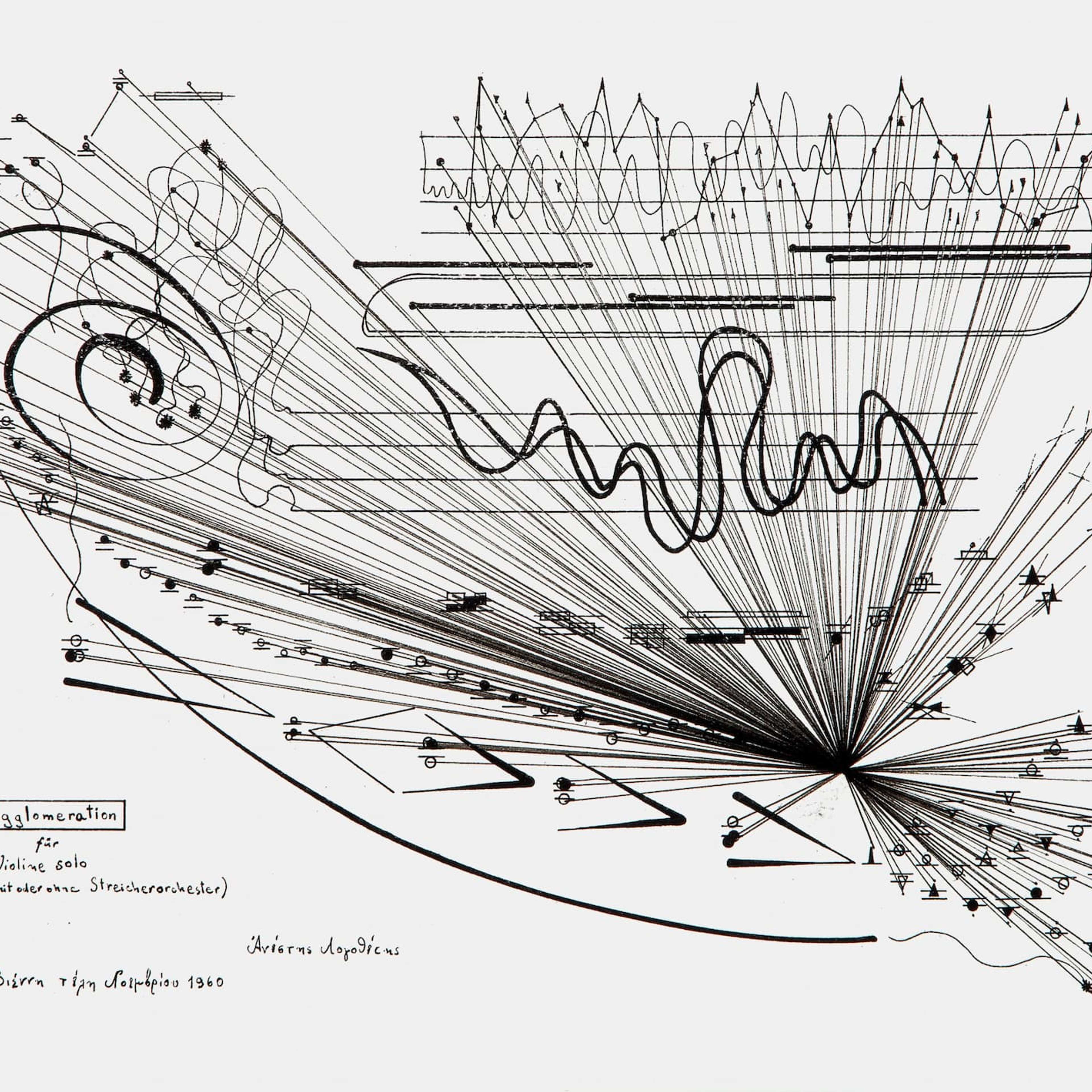Black and white drawing resembling a sheet of music notations with all noted connected by lines to a single point