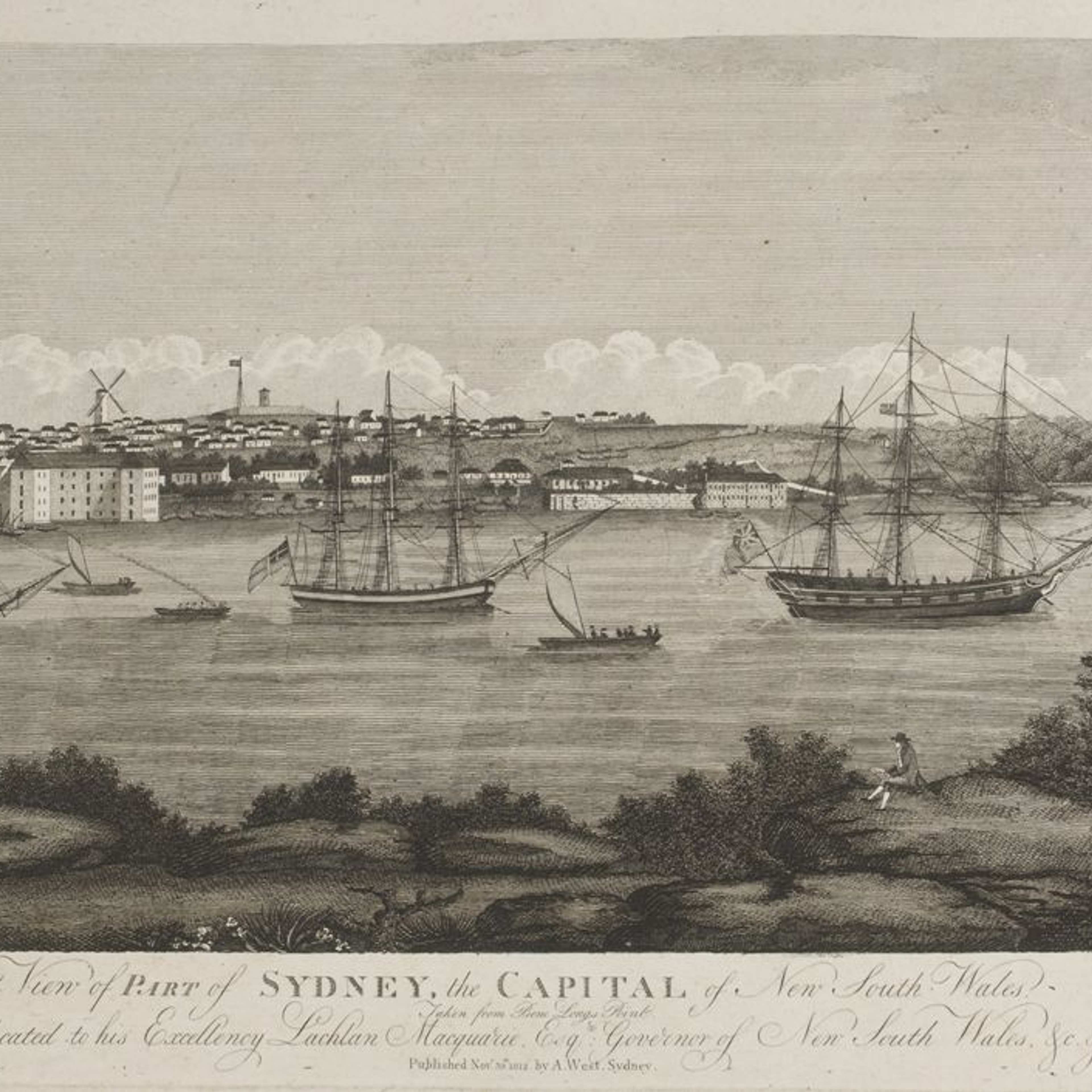 A black and white print of sailing ships and smaller boats in theSydney Harbour