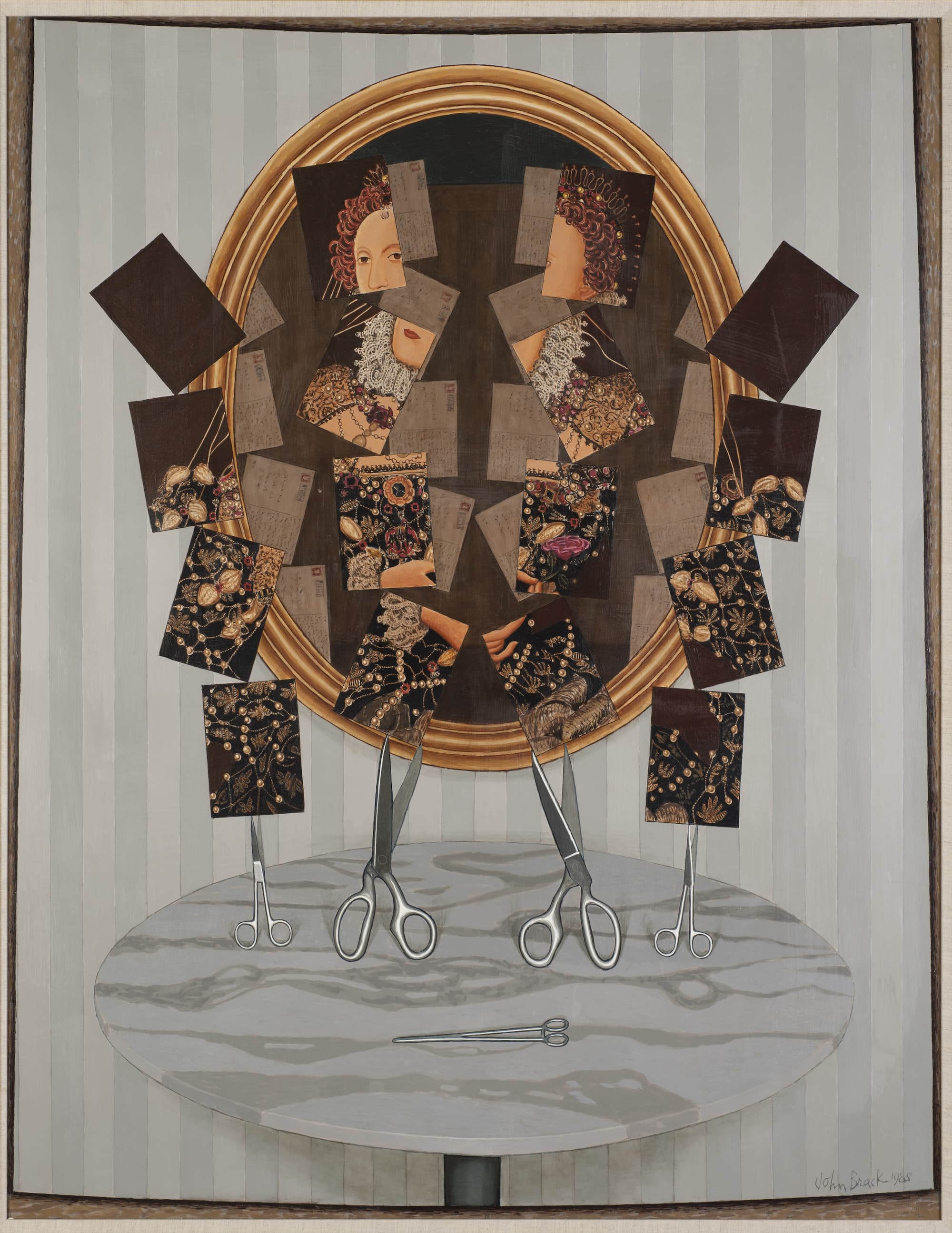 A surreal painting shows two women in period attire, fragmented into rectangles within an oval frame. Beneath, three scissors stand upright on a marble table, with another scissor lying flat. The background features vertical grey stripes.